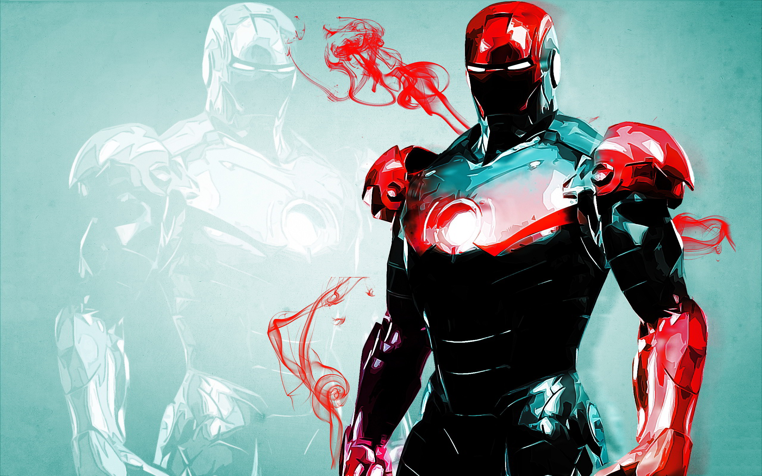 Iron Man, Fumo rosso, Arte digitale, Sfondo turchese, 16:10 2K, wallpaper widescreen