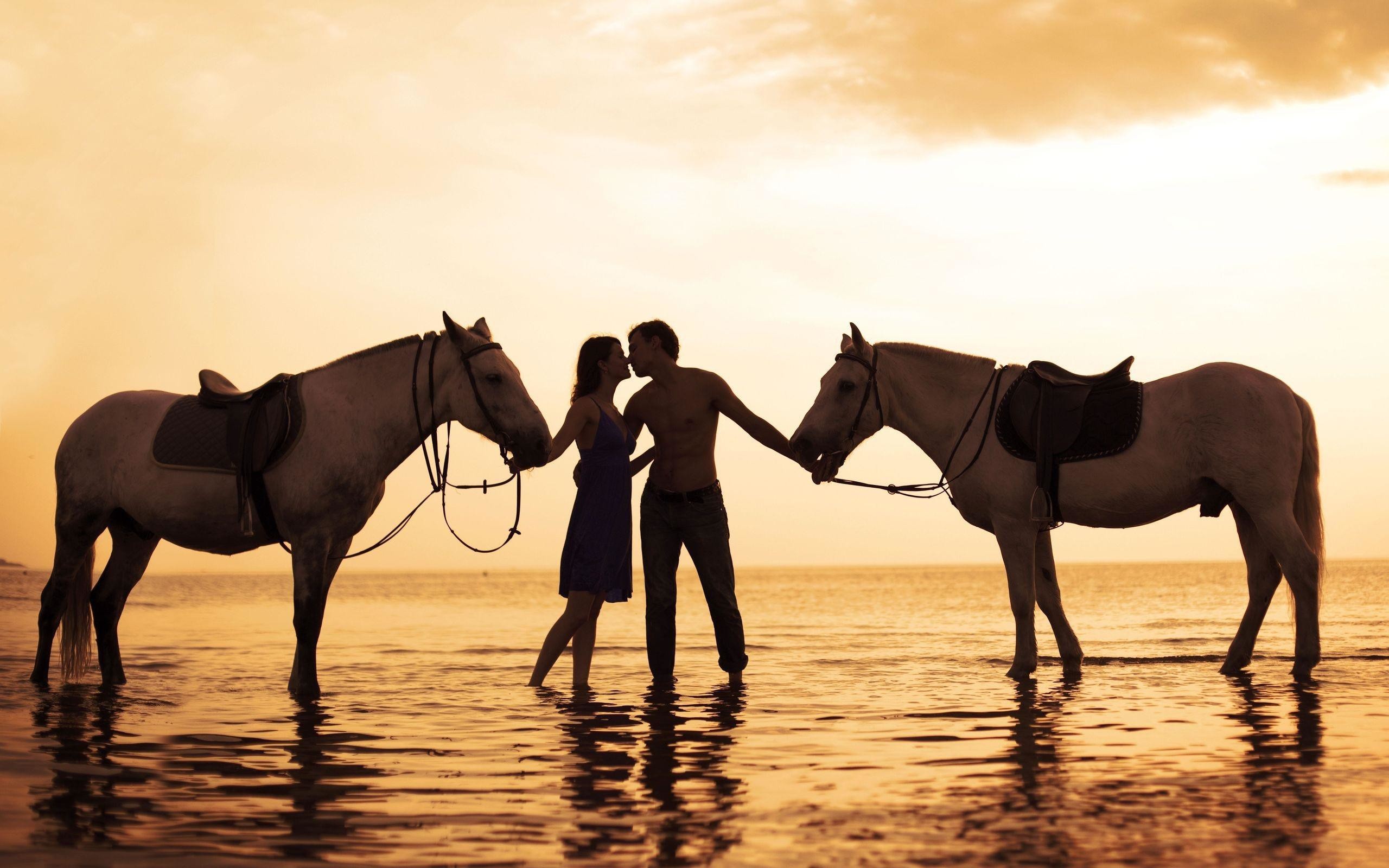 Coppia, Cavalli, Bacio, Spiaggia, Tramonto, 2K, sfondo per portatile