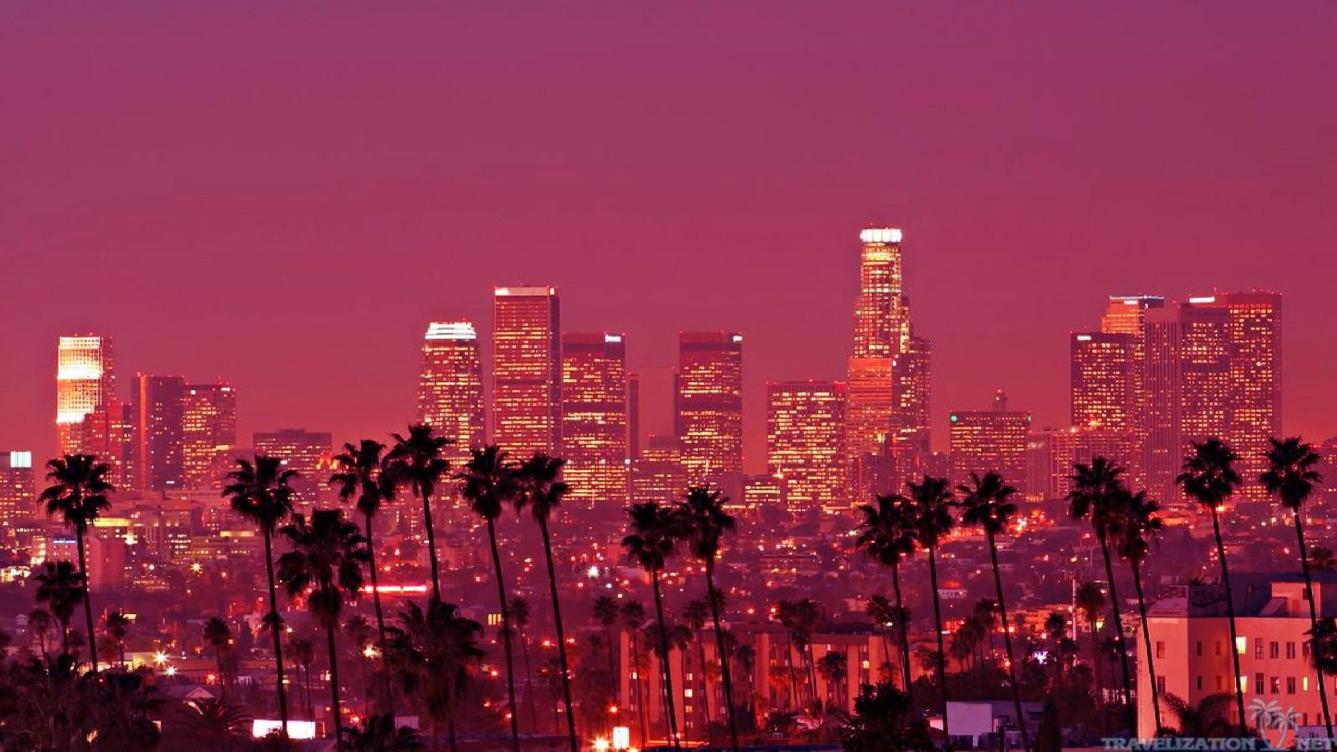 Downtown Los Angeles, Palme, Skyline, Cielo rosa, Full HD, wallpaper desktop