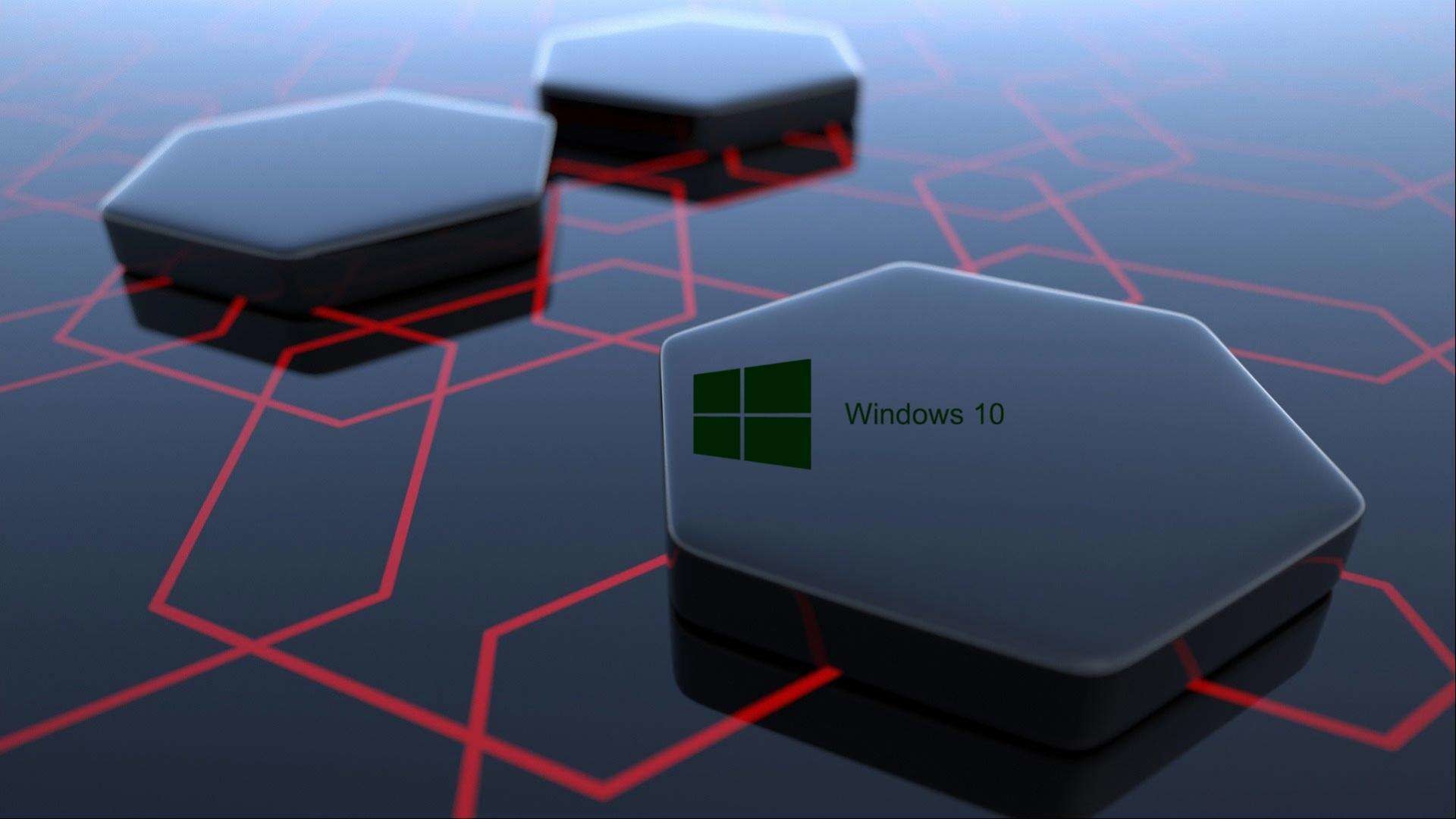 Windows 10, Logo Windows, Esagoni, 3D, Linee rosse, Full HD 1080p, sfondo desktop
