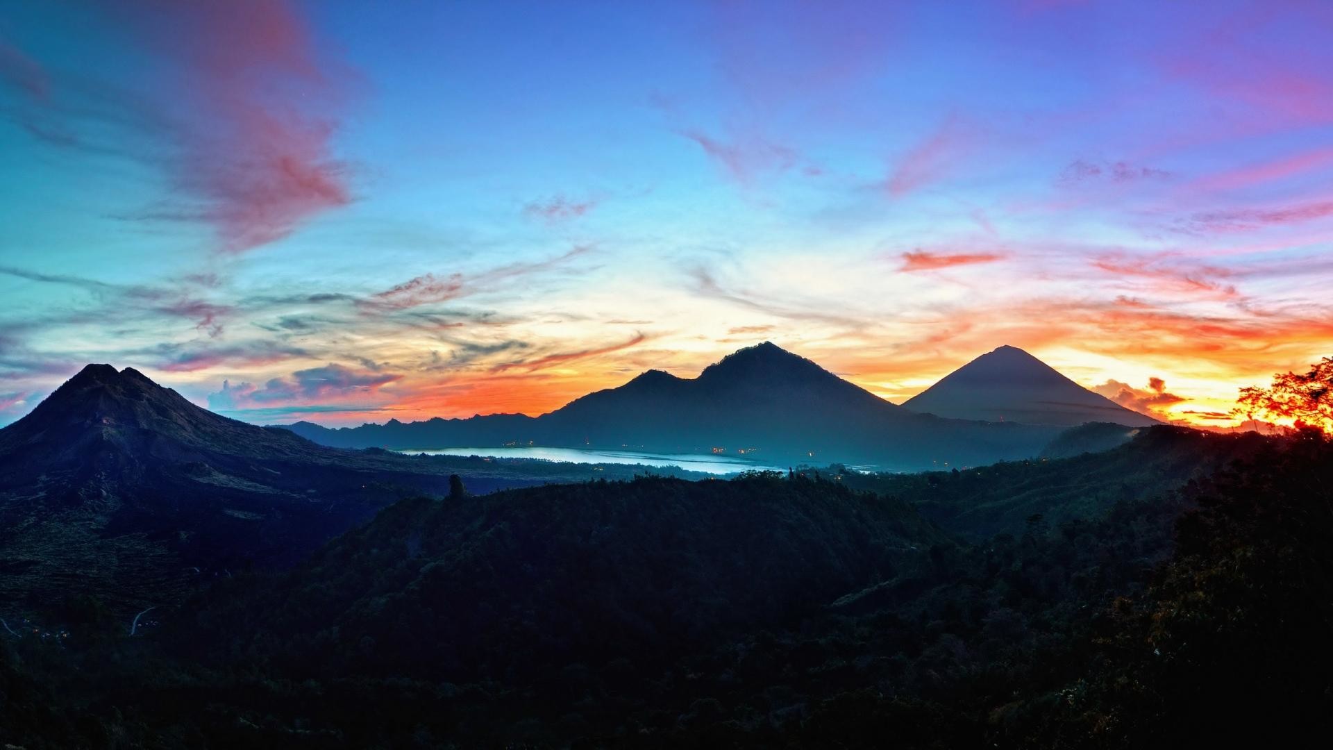 Monte Batur, Bali, Montagne, Tramonto, Full HD, sfondo per portatile
