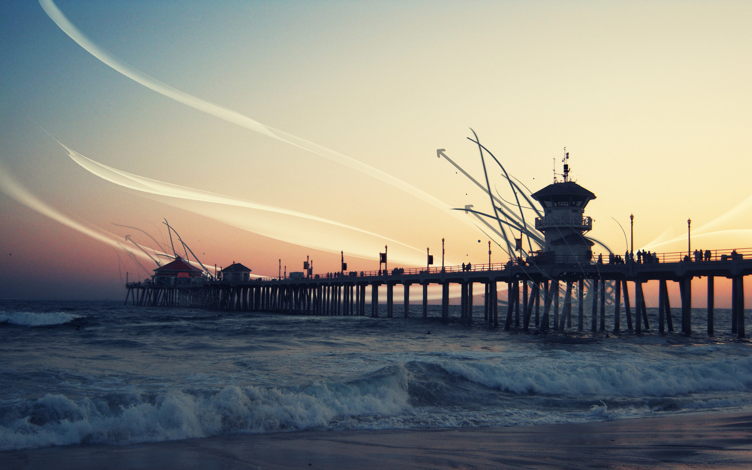 Molo di Huntington Beach, Huntington Beach, California, Crepuscolo, Onde, sfondo desktop 2560x1600