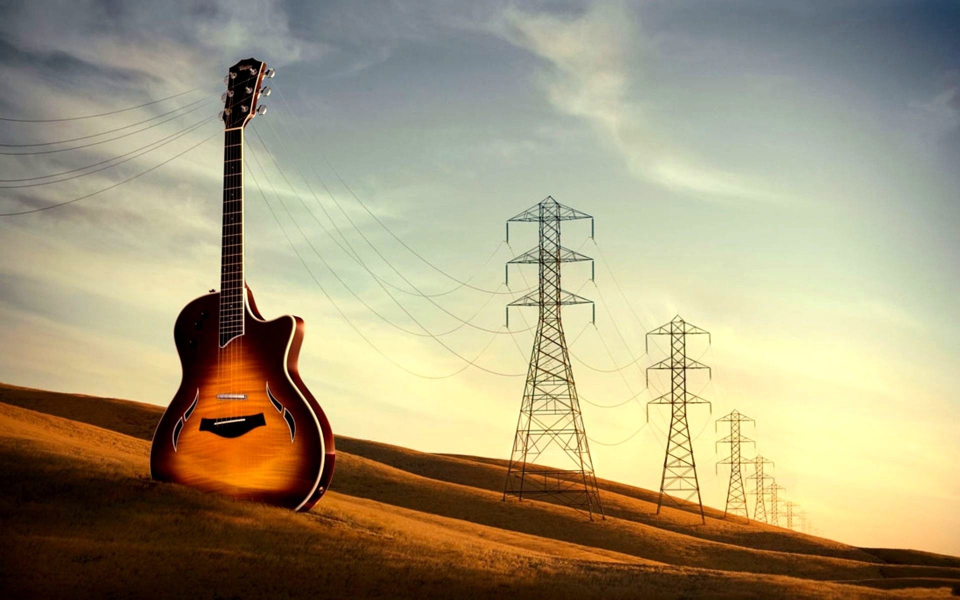 Chitarra acustica, Tralicci, Colline, Tramonto, 16:10 Full HD, sfondo widescreen