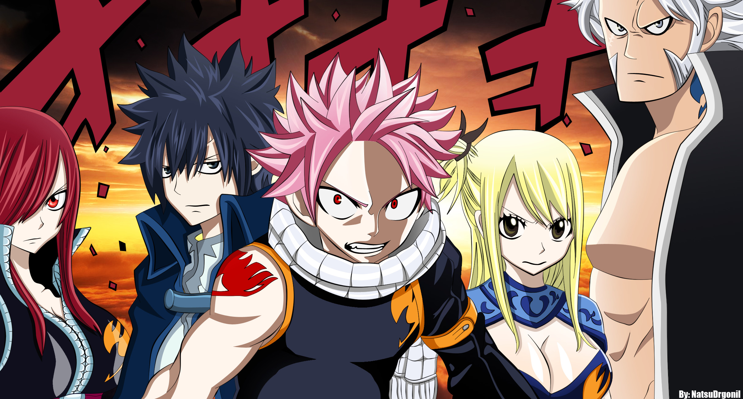 Natsu Dragneel, Lucy Heartfilia, Gray Fullbuster, Erza Scarlet, Fairy Tail, sfondo desktop Full HD