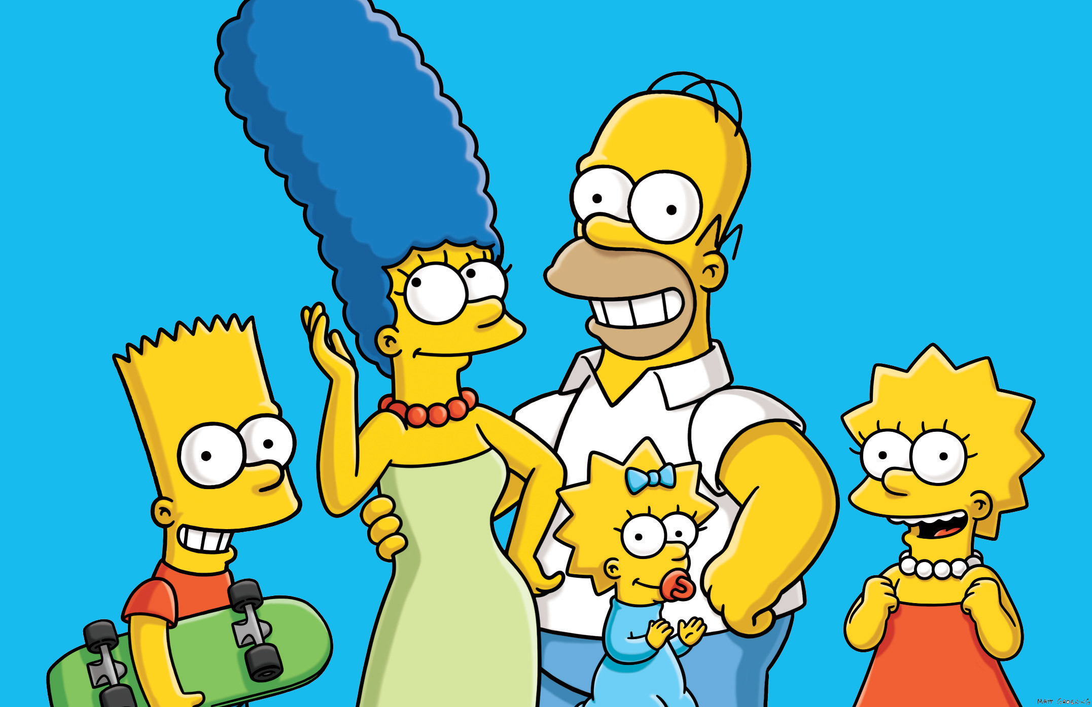 Famiglia Simpson, Homer Simpson, Marge Simpson, Bart Simpson, Lisa Simpson, Maggie Simpson, I Simpson, Sfondo azzurro, wallpaper desktop