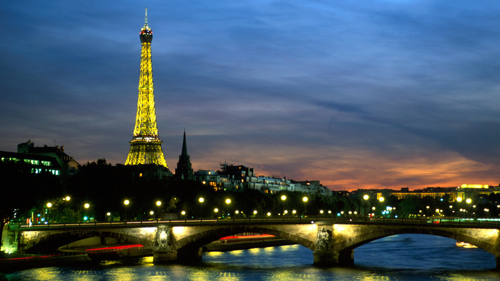 Torre Eiffel, Pont d'Iéna, Senna, Parigi, Notte, Full HD 1080p, sfondo desktop
