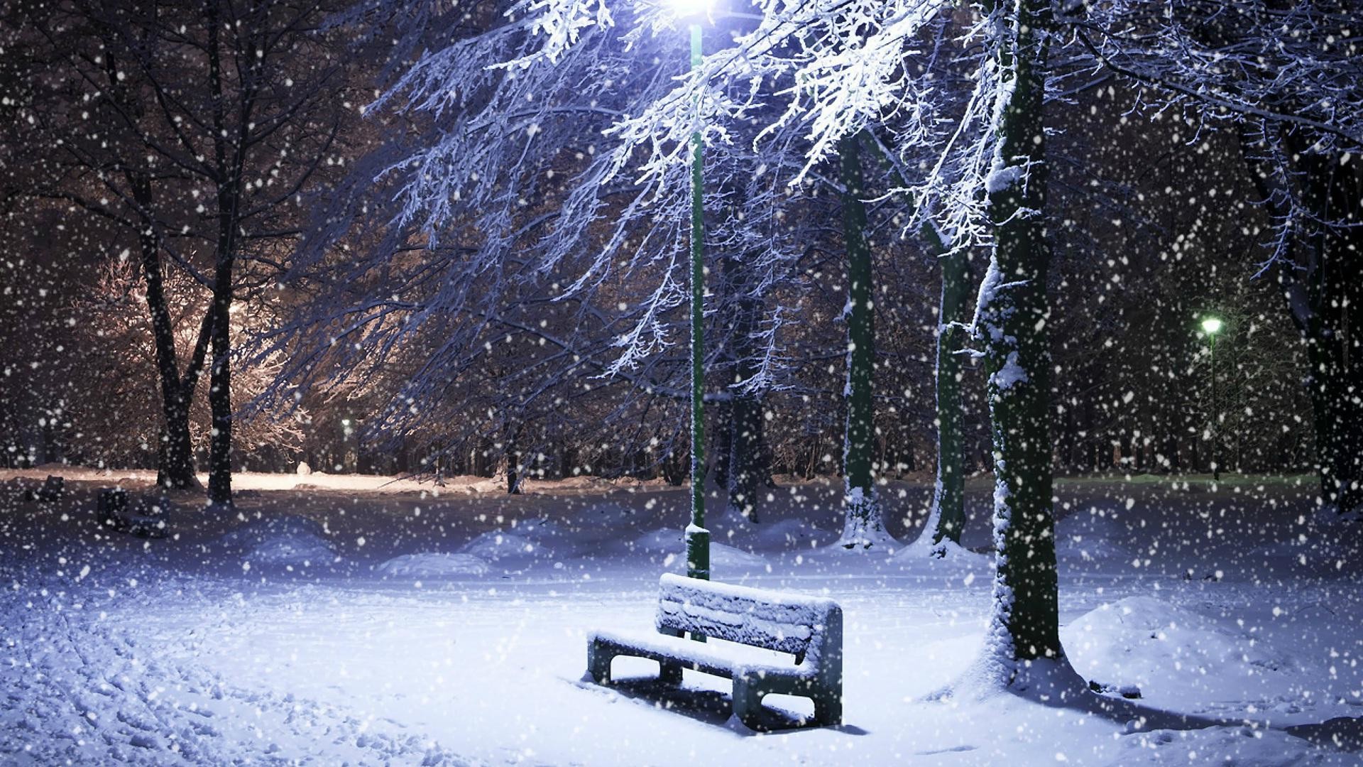 Parco innevato, Panchina, Lampione, Nevicata, Notte, Full HD, wallpaper per computer