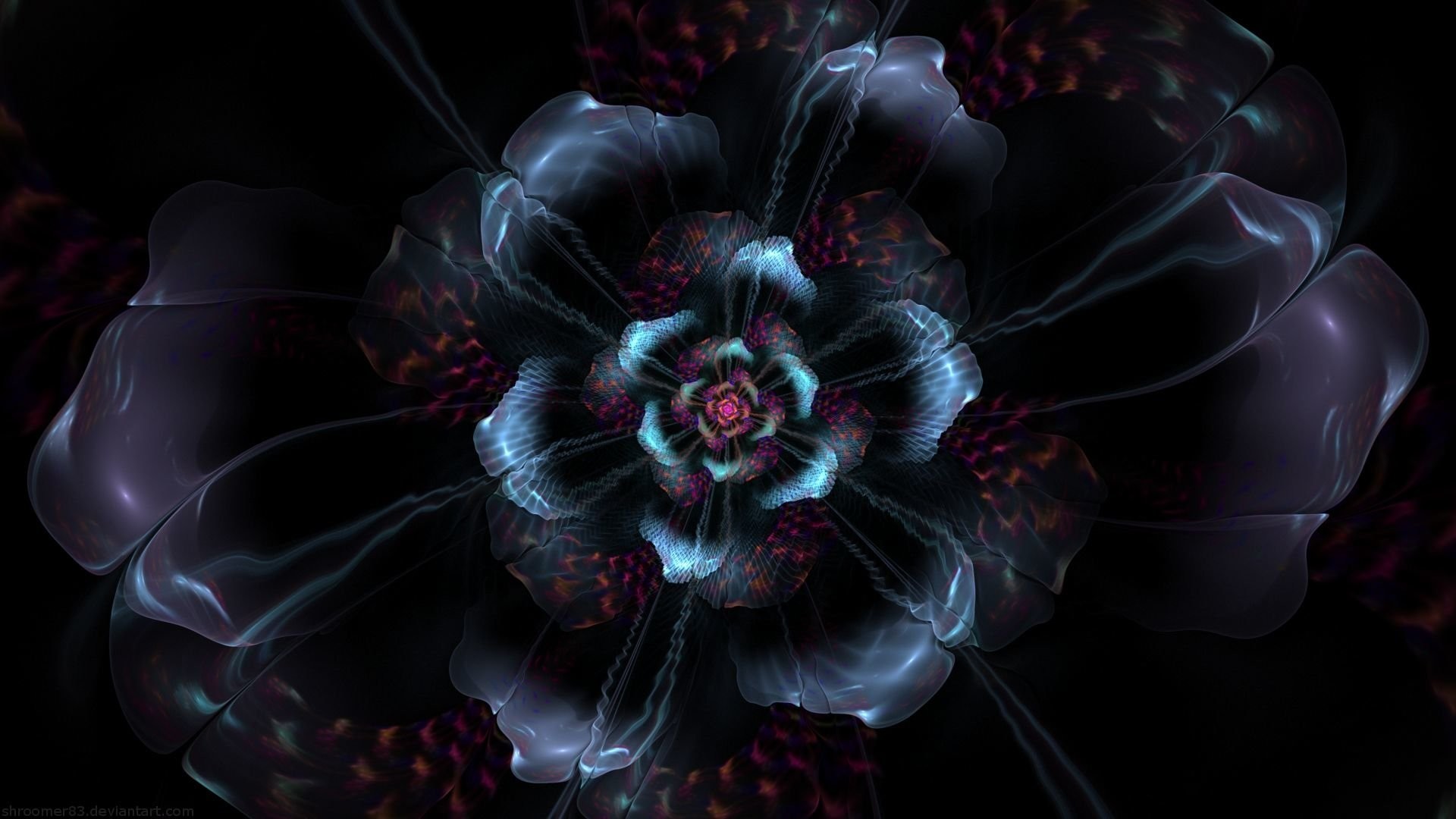 Fiore frattale, Blu, Sfondo nero, Arte digitale, Full HD, wallpaper desktop