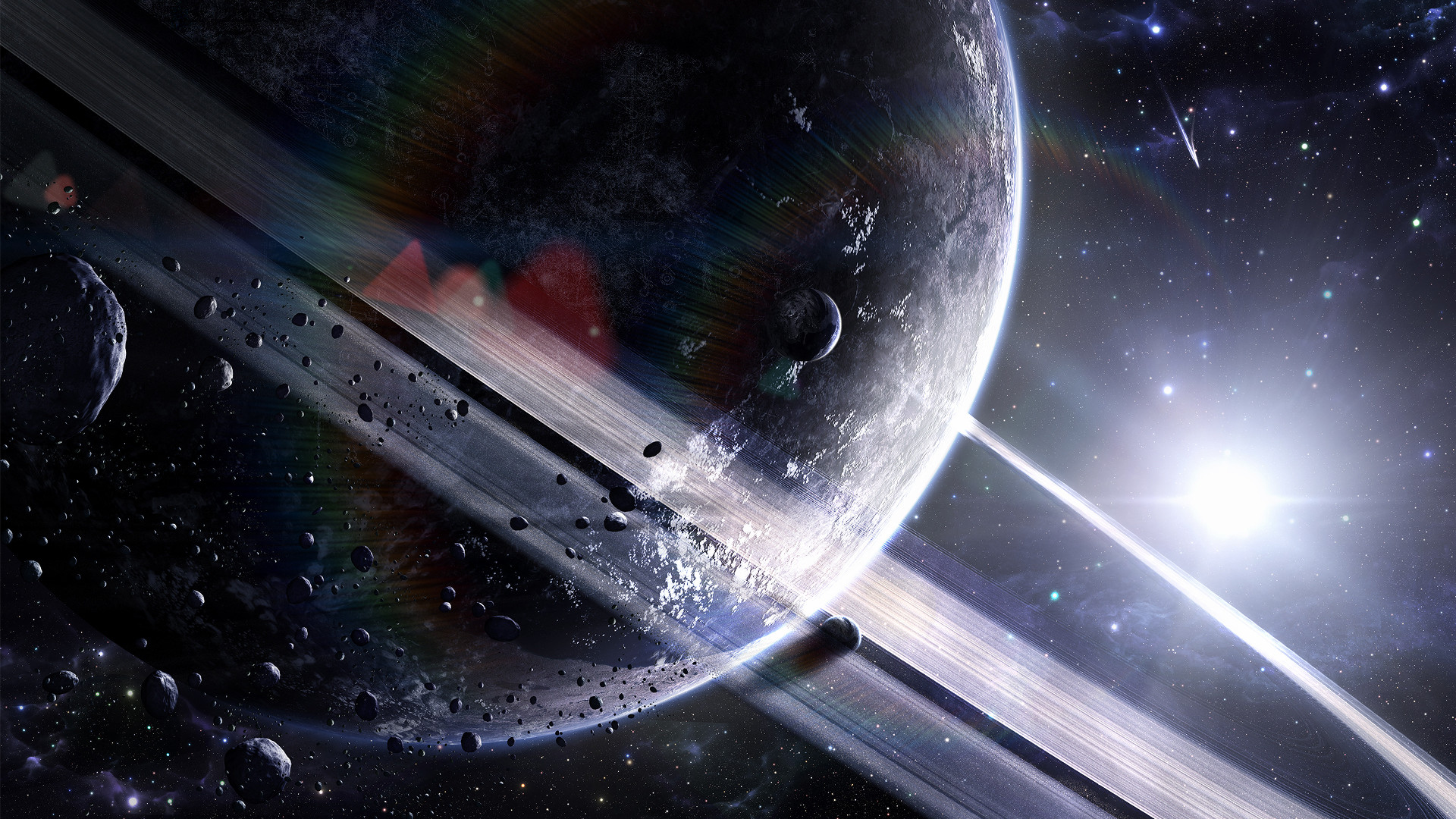 Pianeta con anelli, Asteroidi, Spazio, Luce, Full HD, sfondo per PC