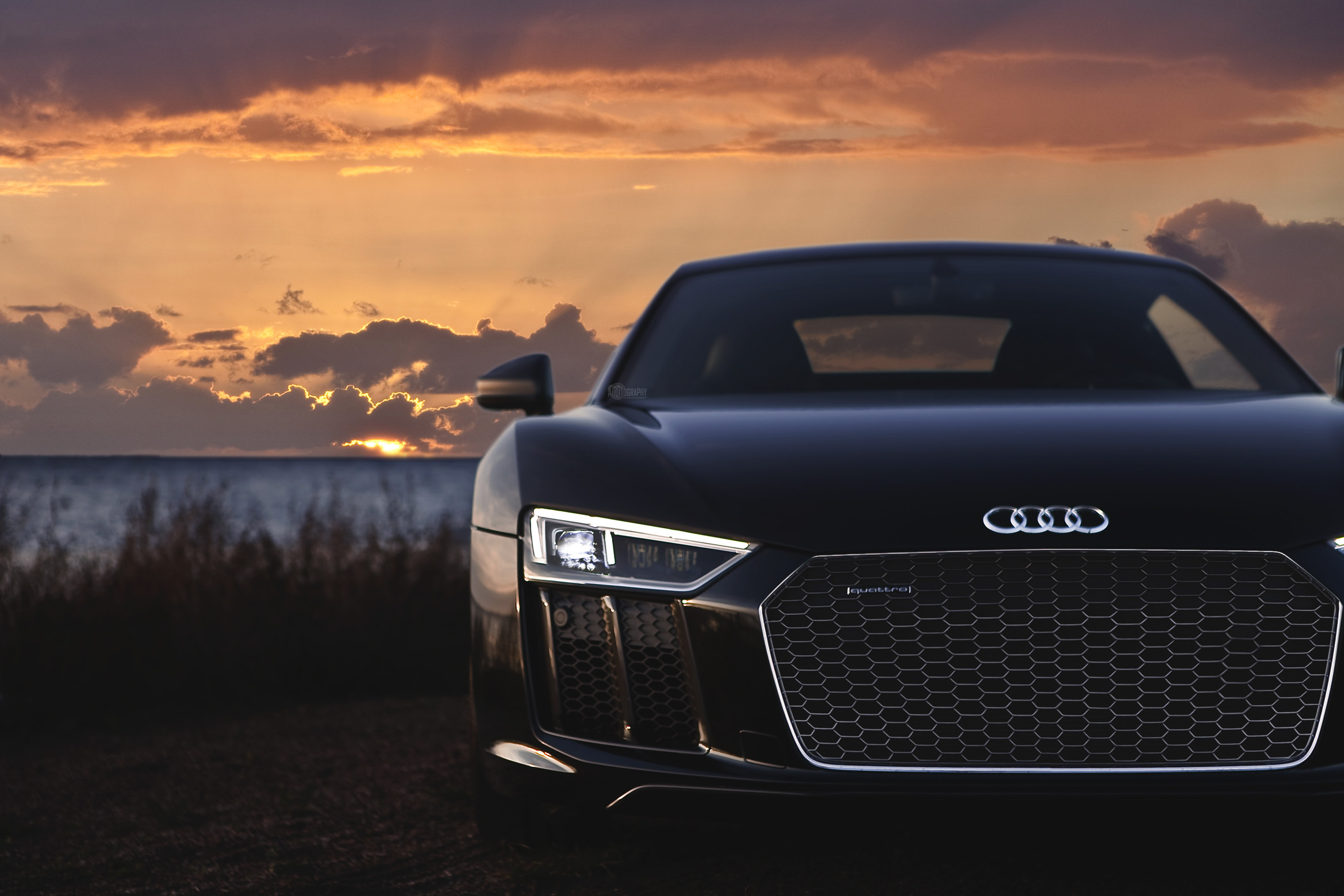 Audi R8 V10 Plus, Audi, Tramonto, Nero, Full HD, sfondo per portatile