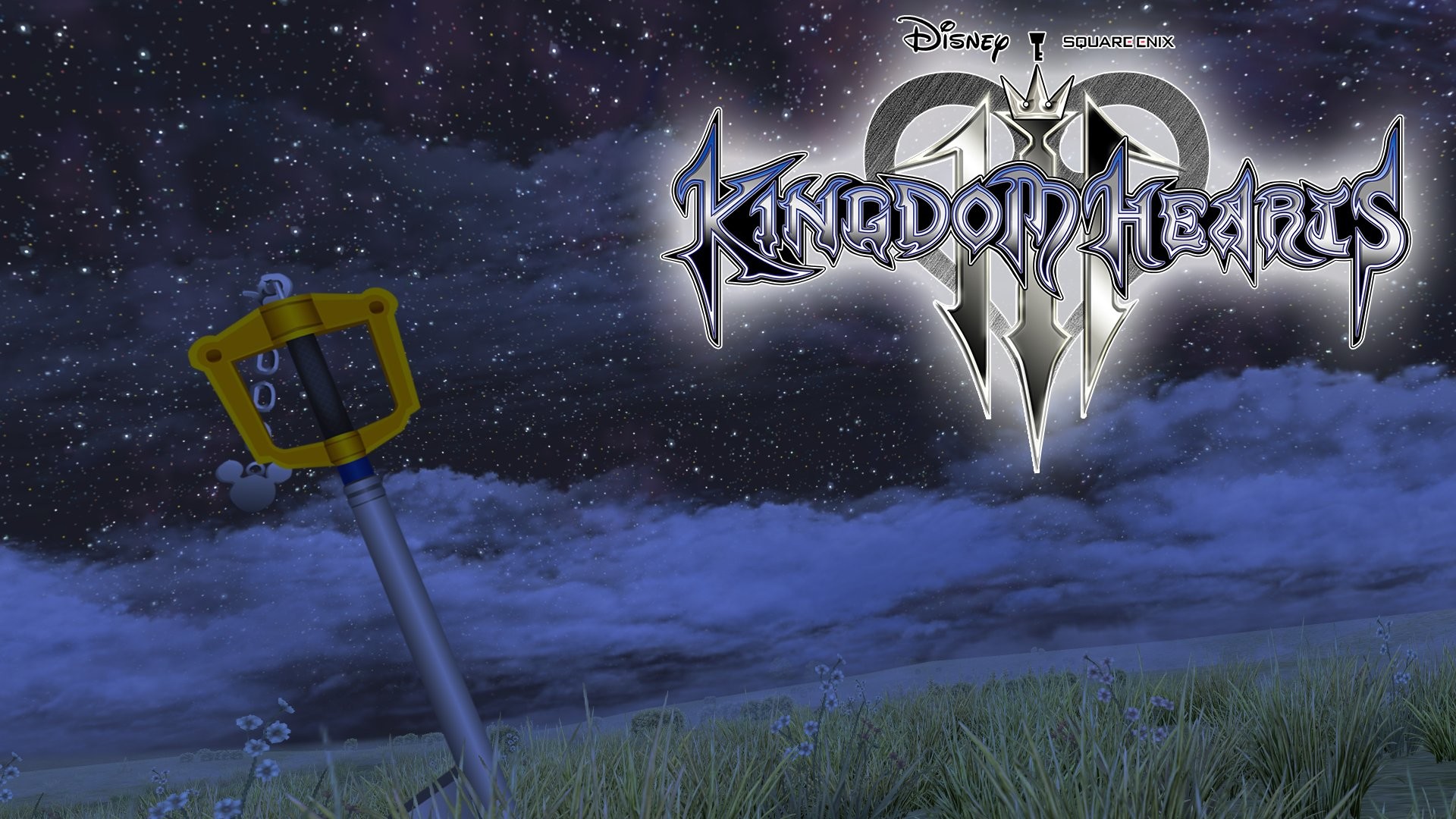 Kingdom Hearts III, Keyblade, Logo, Cielo notturno, Prato, 1920x1080, sfondo per PC