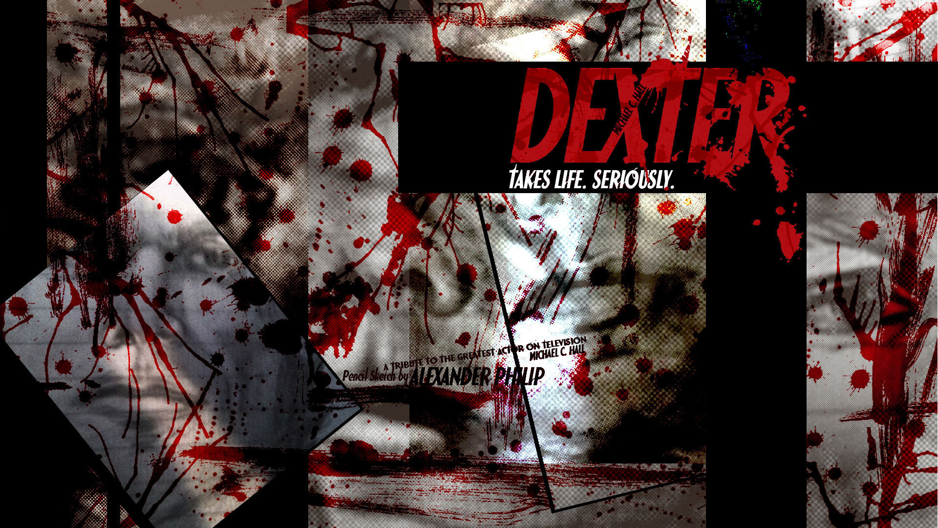 Dexter, Takes Life. Seriously., Schizzi di sangue, Collage, Full HD, sfondo desktop