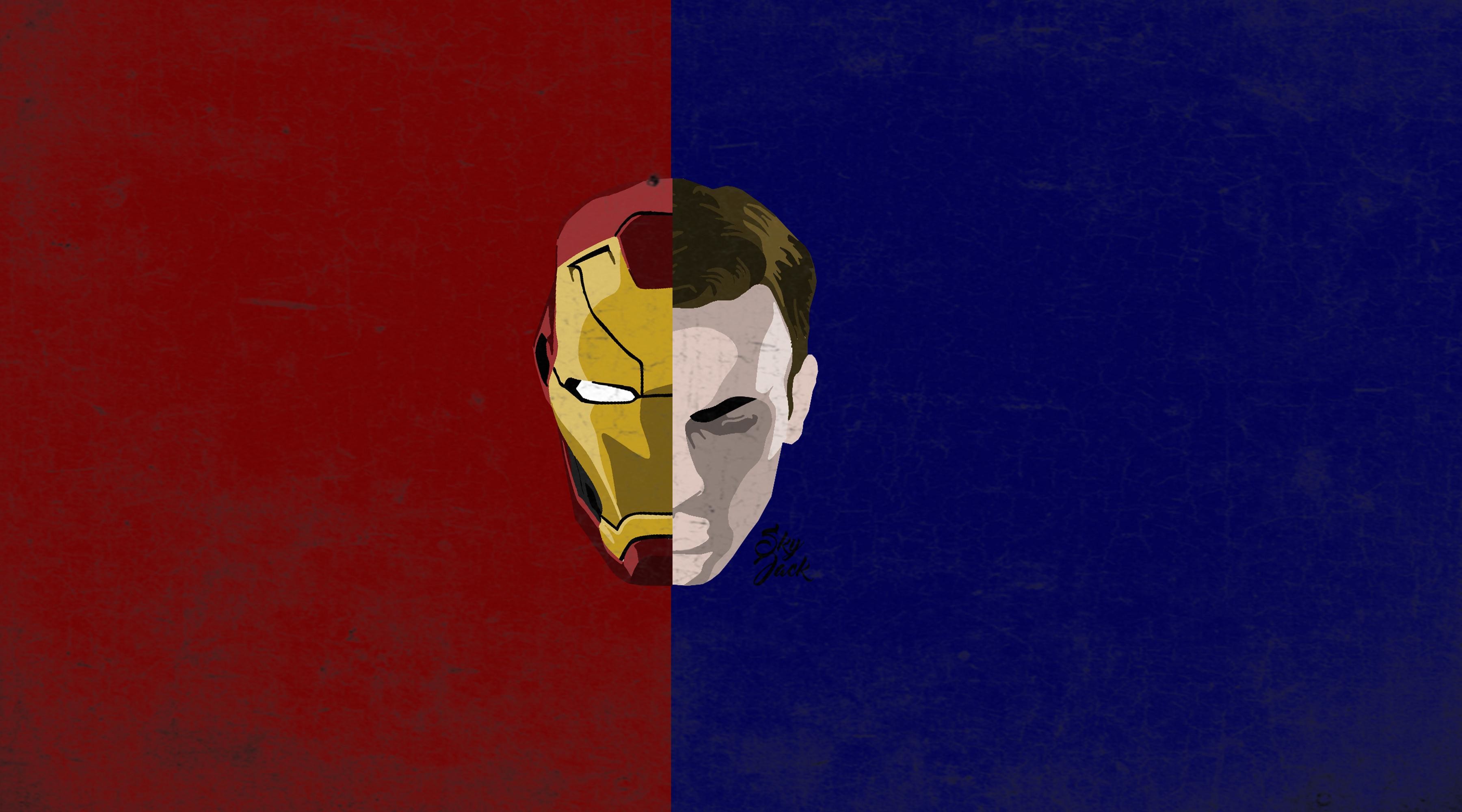 Iron Man, Captain America, Rosso e blu, Minimalismo, 2K, sfondo desktop