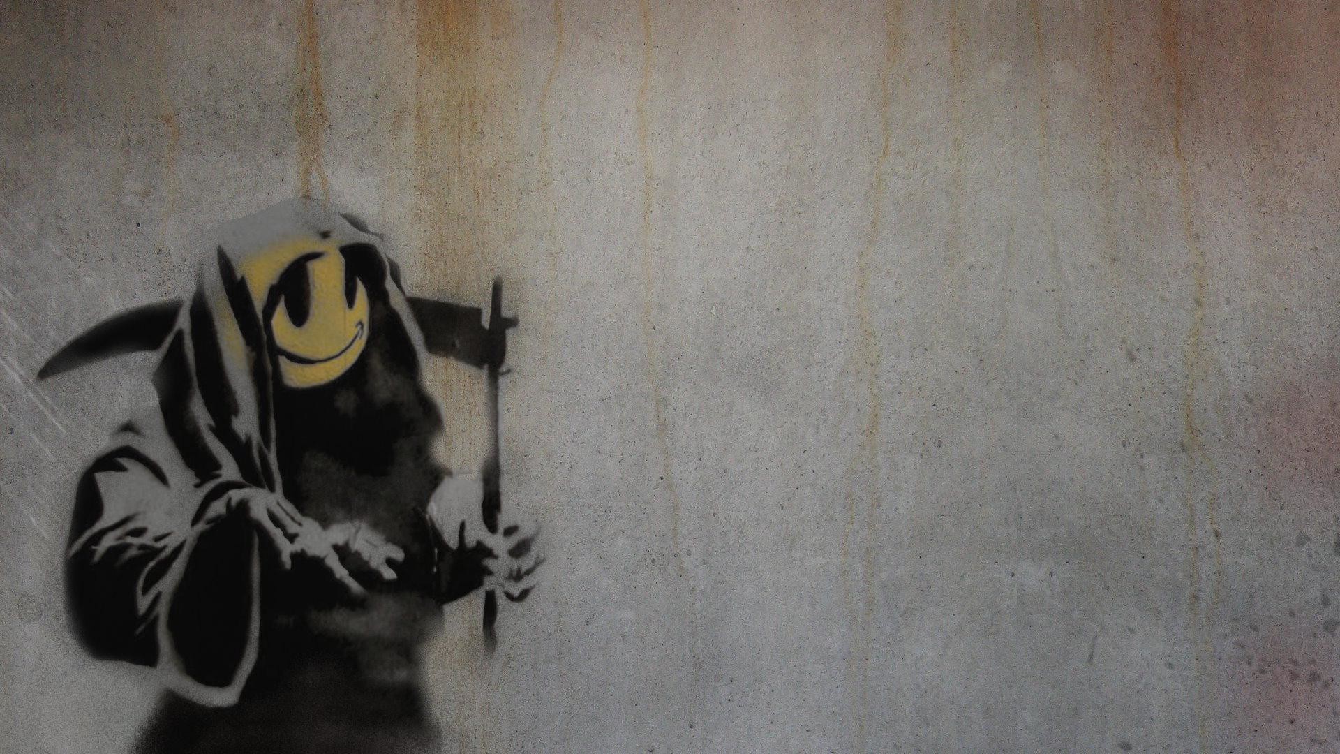 Banksy, Grim Reaper, Smiley, Stencil, Full HD, sfondo per portatile