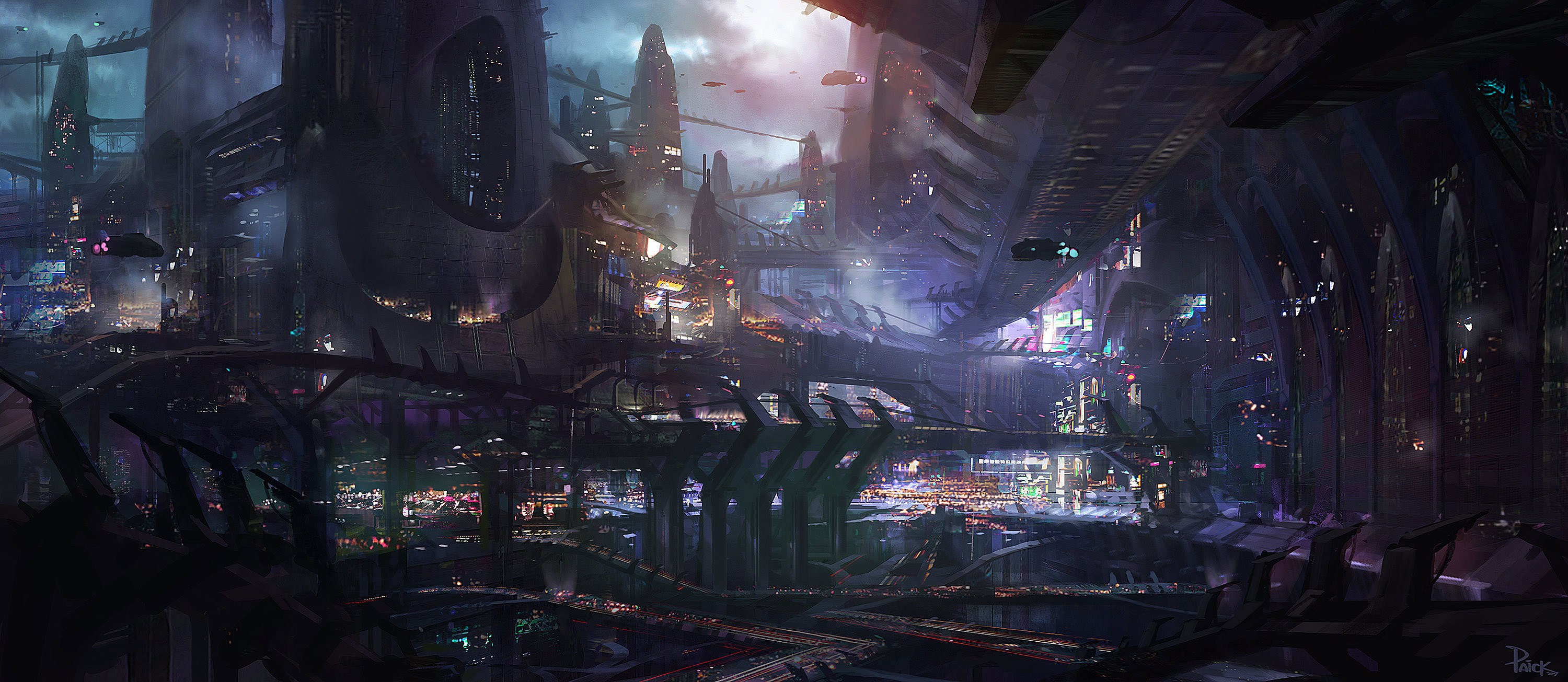 Città futuristica, Notte, Arte concettuale, 2K, sfondo per portatile