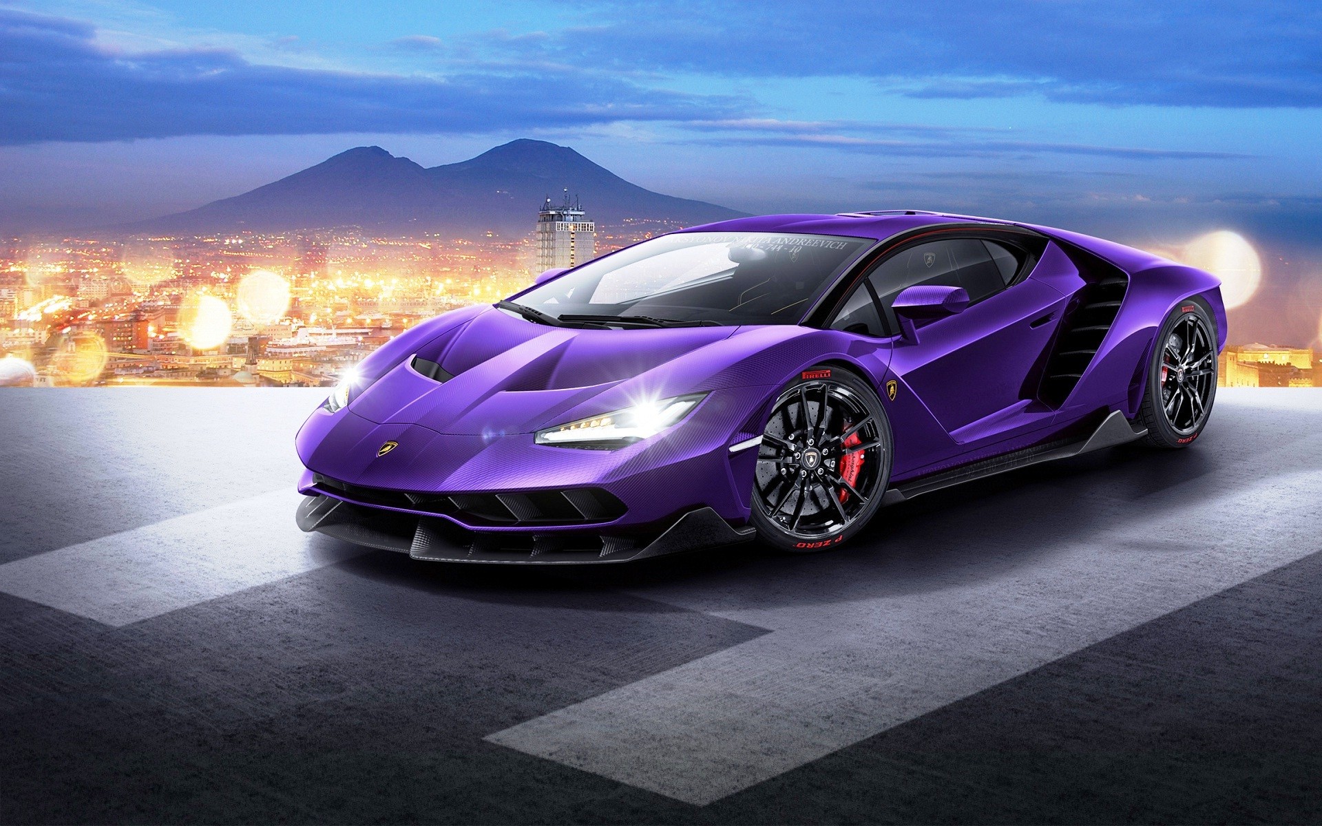Lamborghini Centenario, Viola, Vesuvio, Napoli, Crepuscolo, Full HD, sfondo per PC e portatile