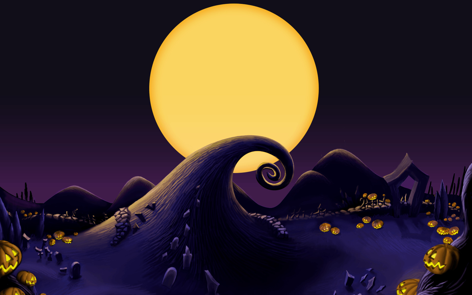 Nightmare Before Christmas, Spiral Hill, Halloween Town, Luna piena, Zucche, wallpaper desktop