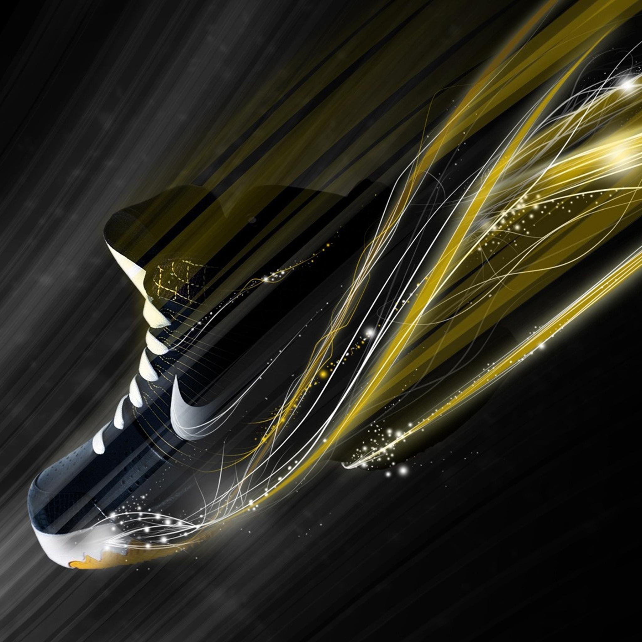 Nike, Sneaker, Scie dorate, Sfondo nero, Full HD, schermata di blocco iPad
