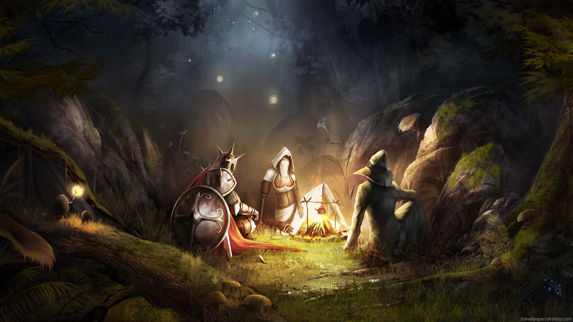 Cavalieri, Fuoco da campo, Foresta, Notte, Avventurieri, Fantasy, sfondo Windows 11