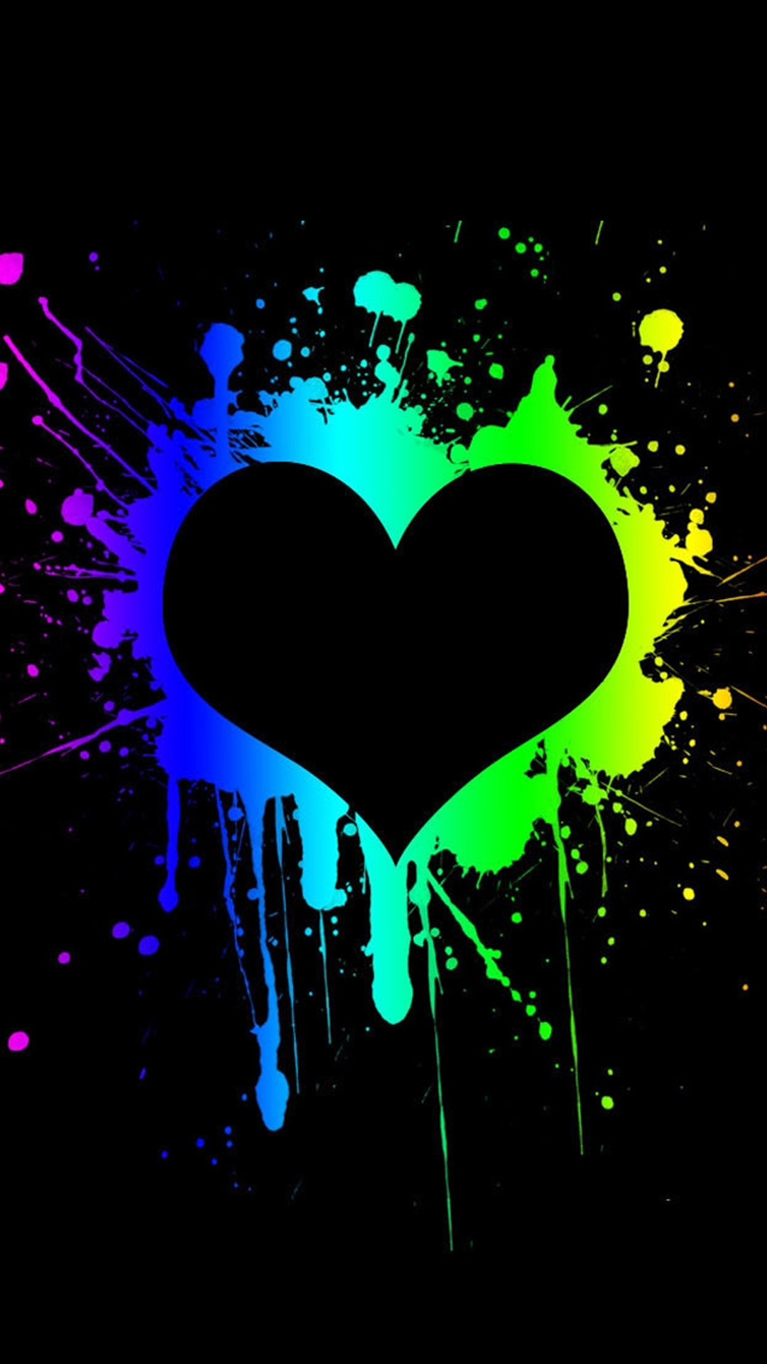 Cuore, Schizzi di colore, Arcobaleno, Sfondo nero, 1080x1920, schermata di blocco iPhone