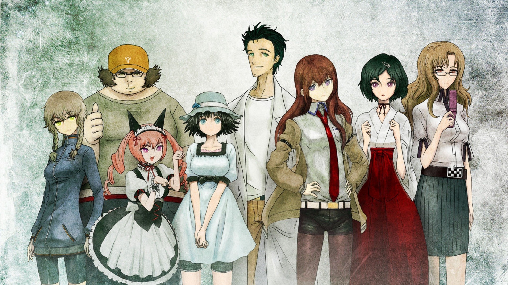 Steins;Gate, Laboratory Members, Rintaro Okabe, Kurisu Makise, Mayuri Shiina, Faris NyanNyan, Ruka Urushibara, immagine di sfondo