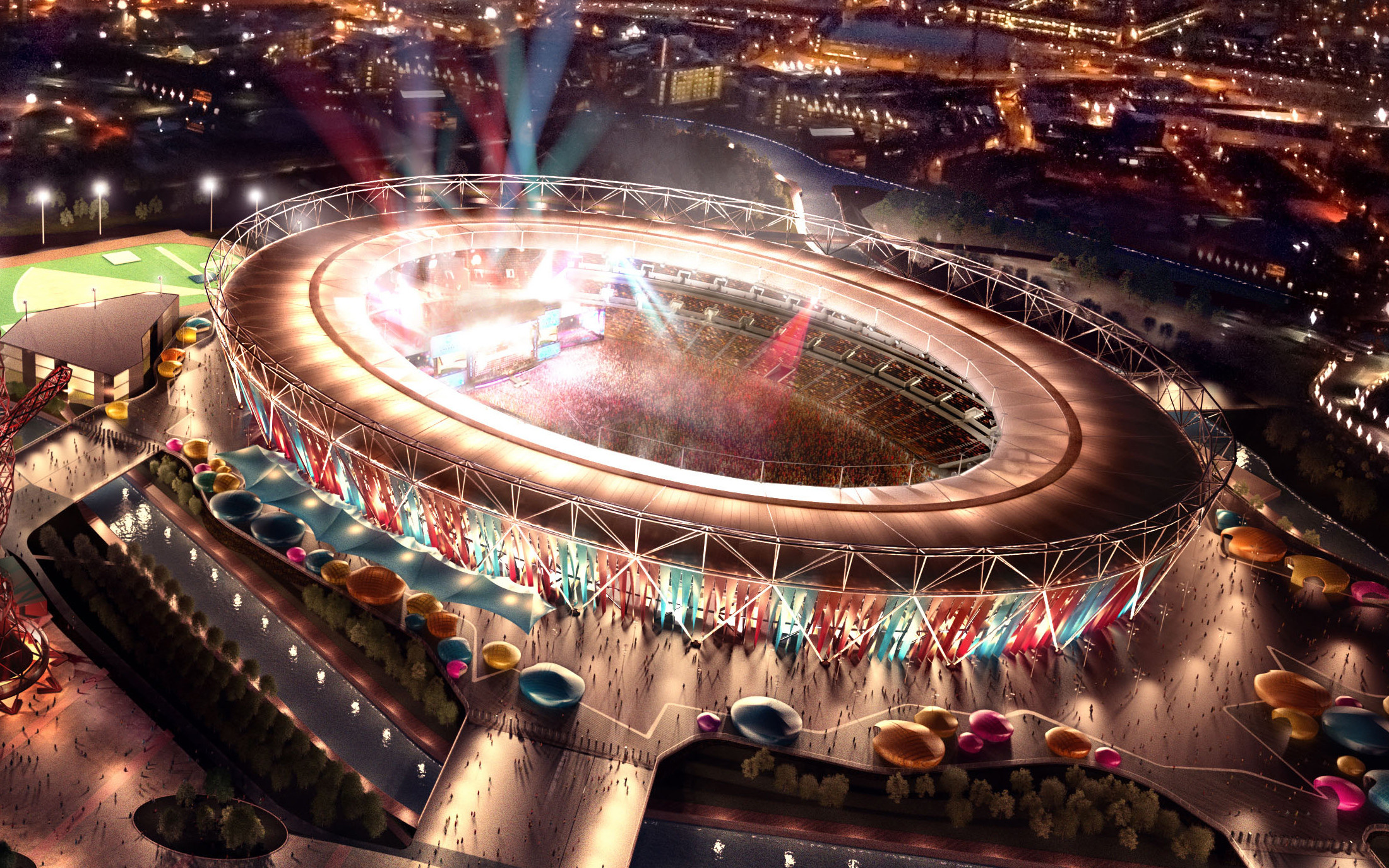 Stadio Olimpico di Londra, Olimpiadi 2012, Londra, Notte, Vista aerea, sfondo desktop Full HD