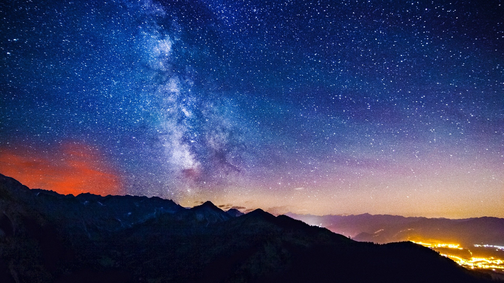 Via Lattea, Montagne, Luci della città, Notte, Astrofotografia, Full HD, sfondo desktop