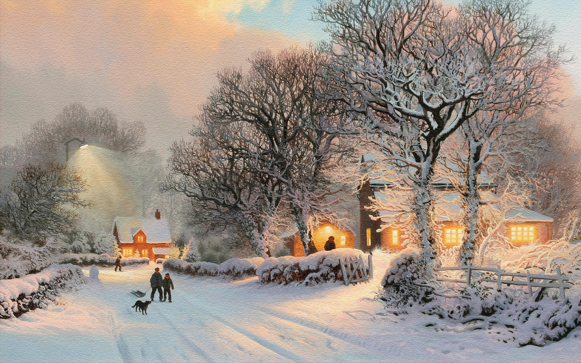 Thomas Kinkade, Villaggio, Pittura, Inverno, Full HD, sfondo desktop