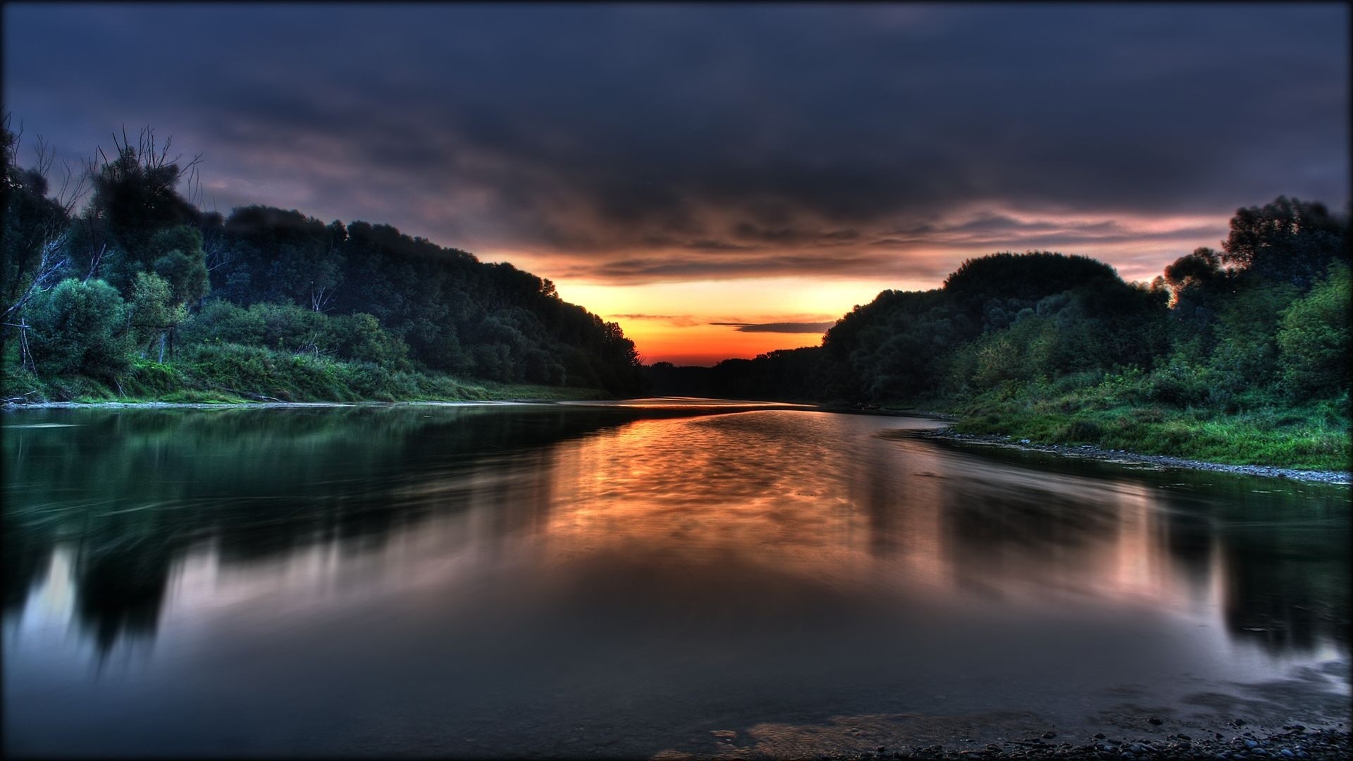 Fiume, Tramonto, Riflesso, Foresta, HDR, Full HD, wallpaper per computer