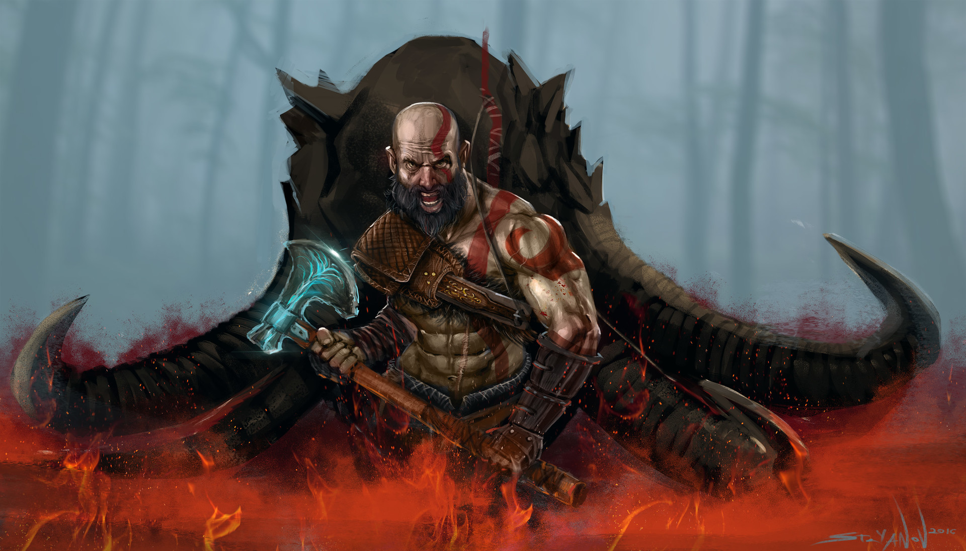 Kratos, God of War (2018), Ascia del Leviatano, Arte digitale, Full HD, sfondo per portatile