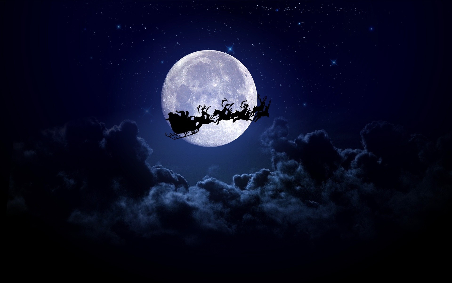 Slitta di Babbo Natale, Luna piena, Renne, Nuvole, sfondo per desktop