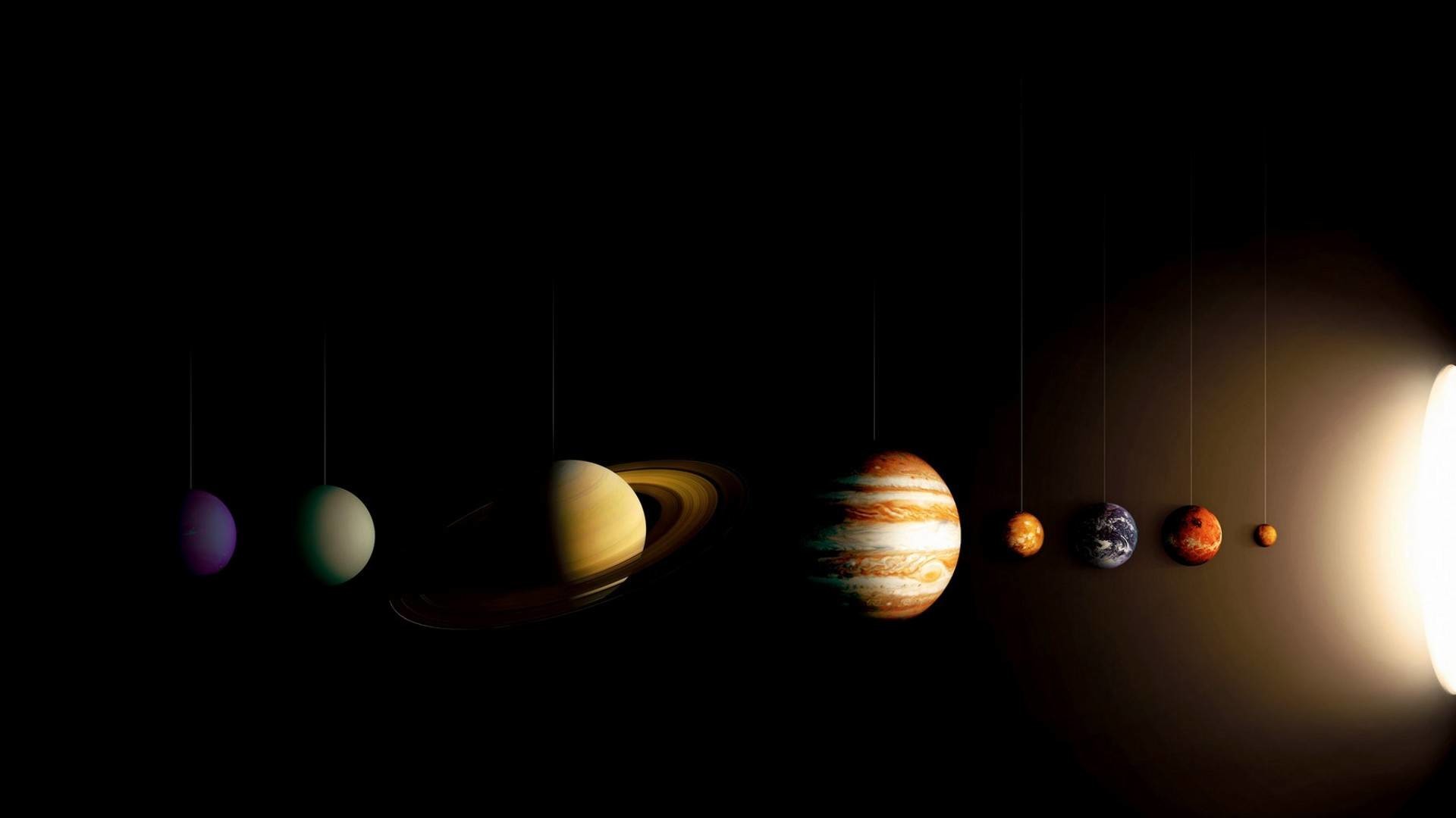 Sistema solare, Sole, Saturno, Giove, Pianeti allineati, Sfondo nero, wallpaper 1920x1080