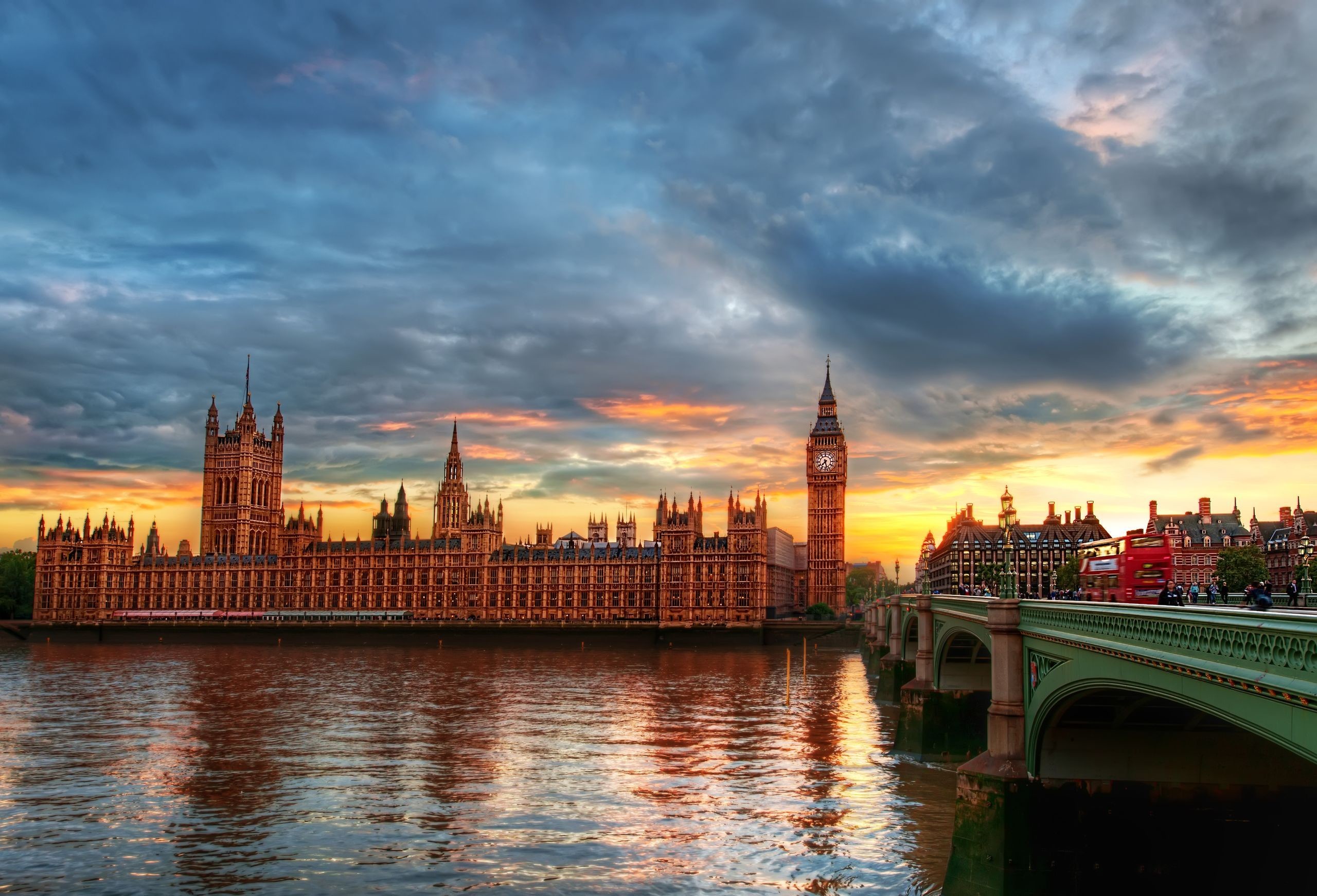 Palazzo di Westminster, Big Ben, Westminster Bridge, Londra, Tramonto, sfondo 2K per portatile