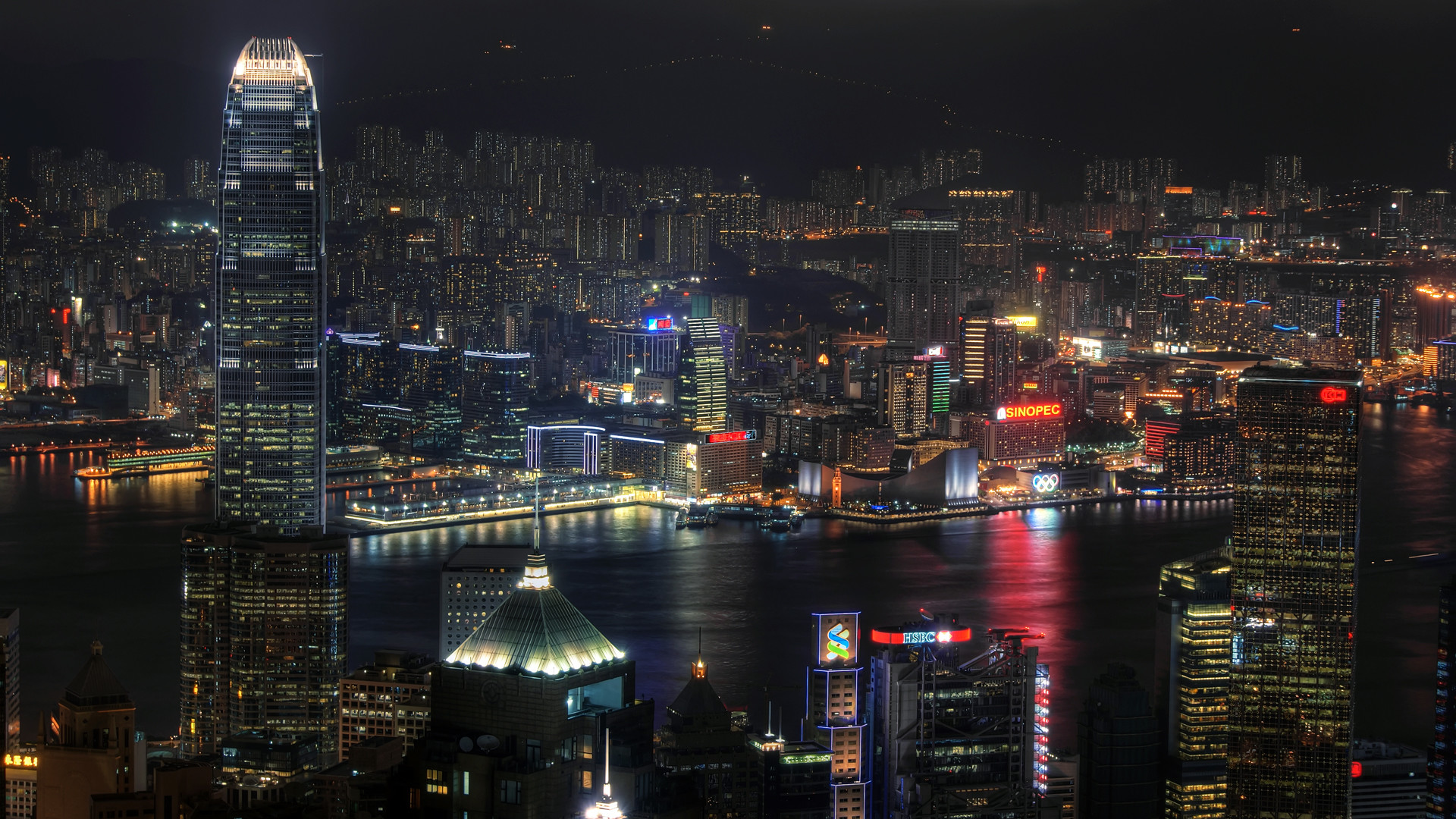 Hong Kong, Two IFC, Victoria Harbour, Notte, Vista aerea, 1920x1080, sfondo per PC
