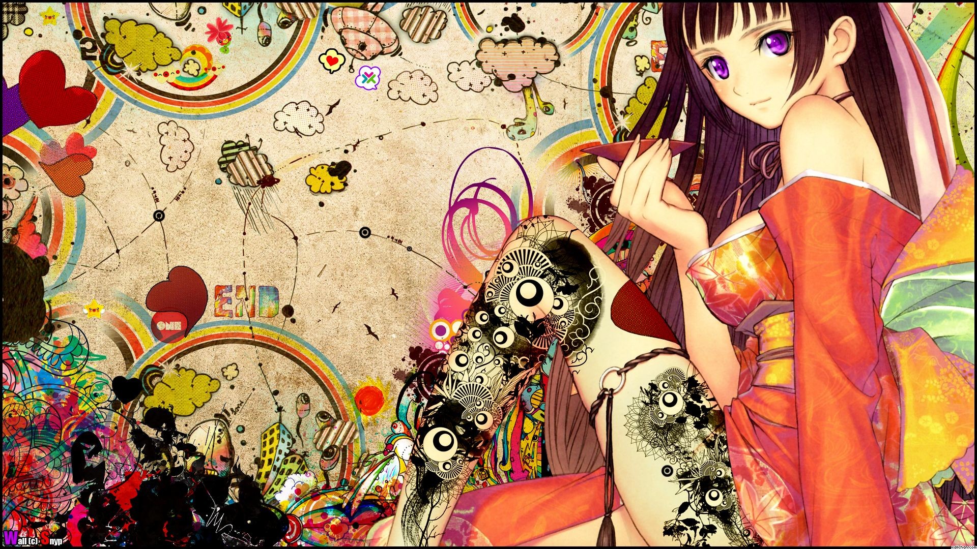 Ragazza anime, Kimono, Tatuaggi, Illustrazione, Colorato, Full HD, sfondo per PC