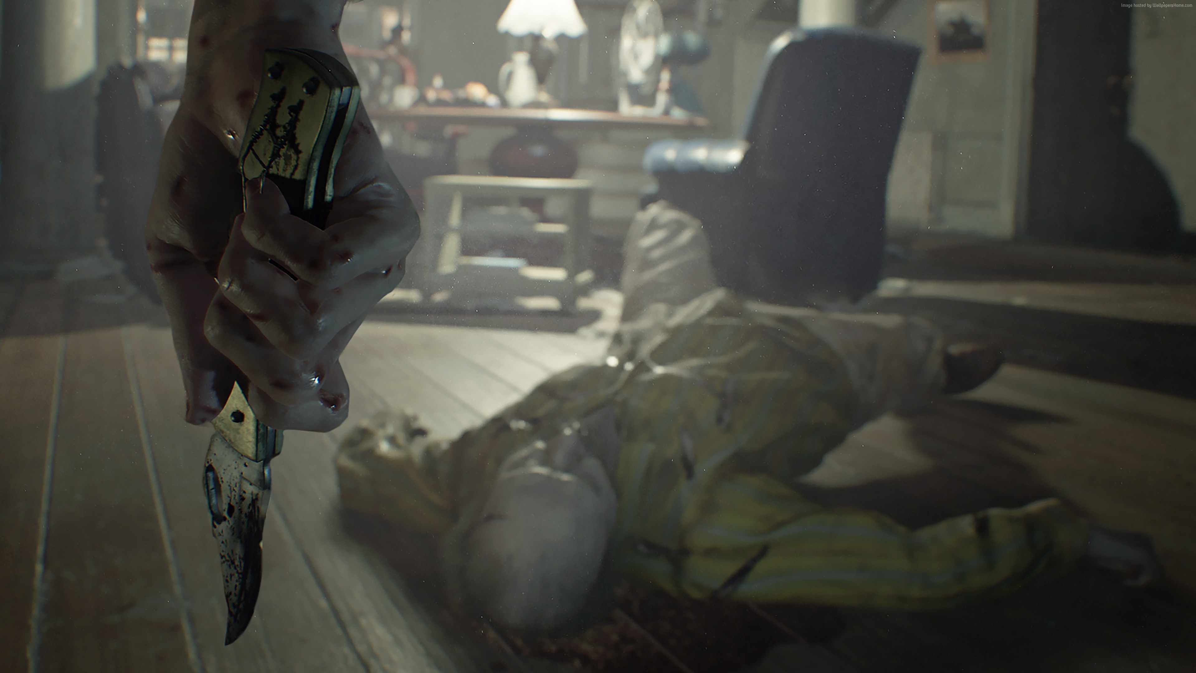 Resident Evil 7: Biohazard, Coltello, Prima persona, Corpo a terra, Horror, sfondo 16:9 4K