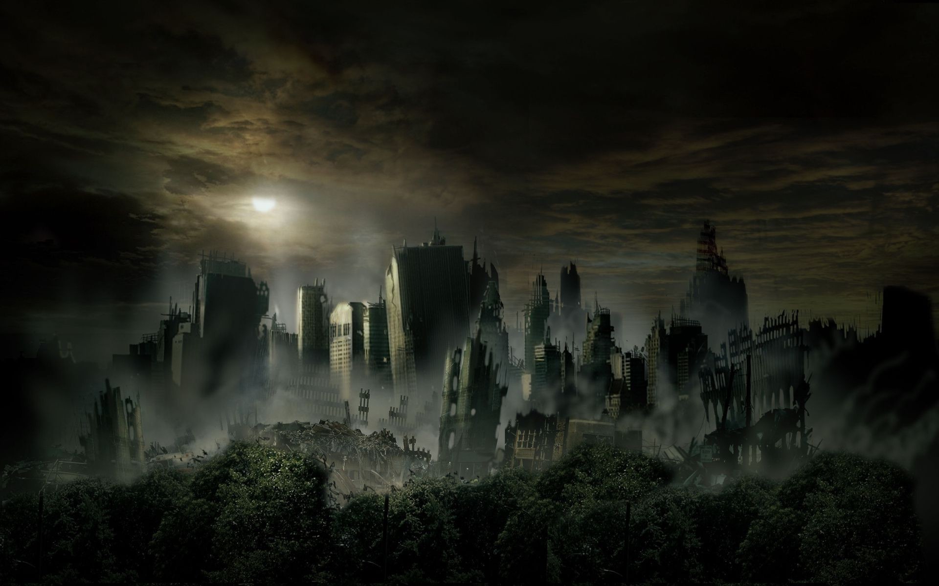 Città in rovina, Fantasy, Nebbia, Notte, Full HD, sfondo Windows 11