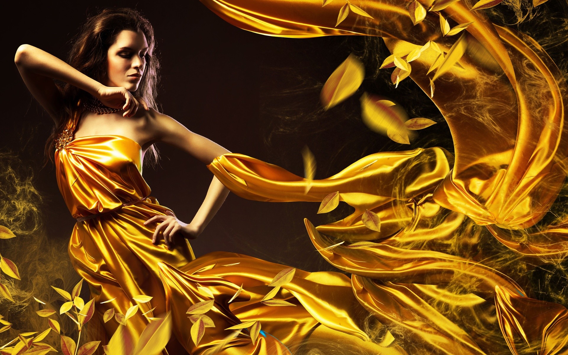 Modella, Abito dorato, Seta, Arte digitale, Full HD, sfondo desktop