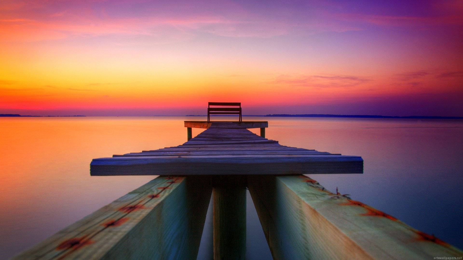 Pontile, Tramonto, Lago, Cielo arancione, sfondo per desktop