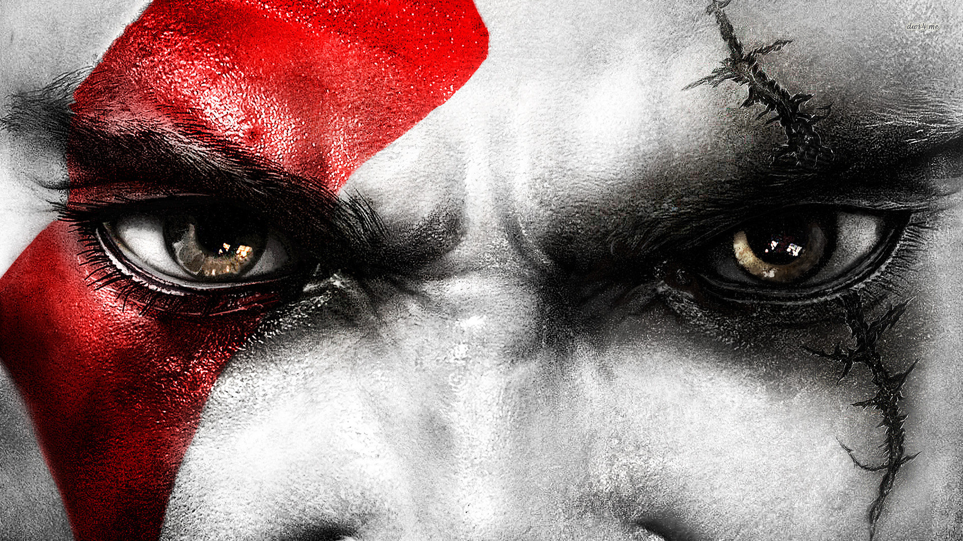 Kratos, God of War, Occhi, Tatuaggio rosso, Primo piano, Full HD, sfondo desktop