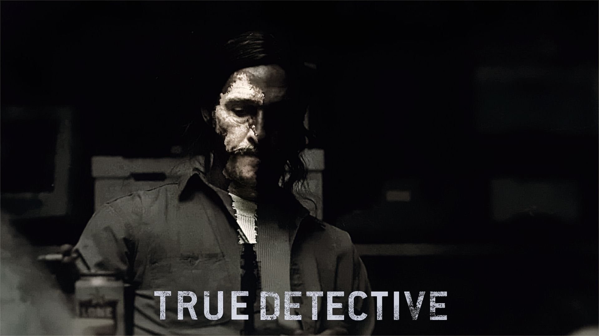 Rust Cohle, Matthew McConaughey, True Detective, Logo, Bianco e nero, sfondo desktop 1920x1080