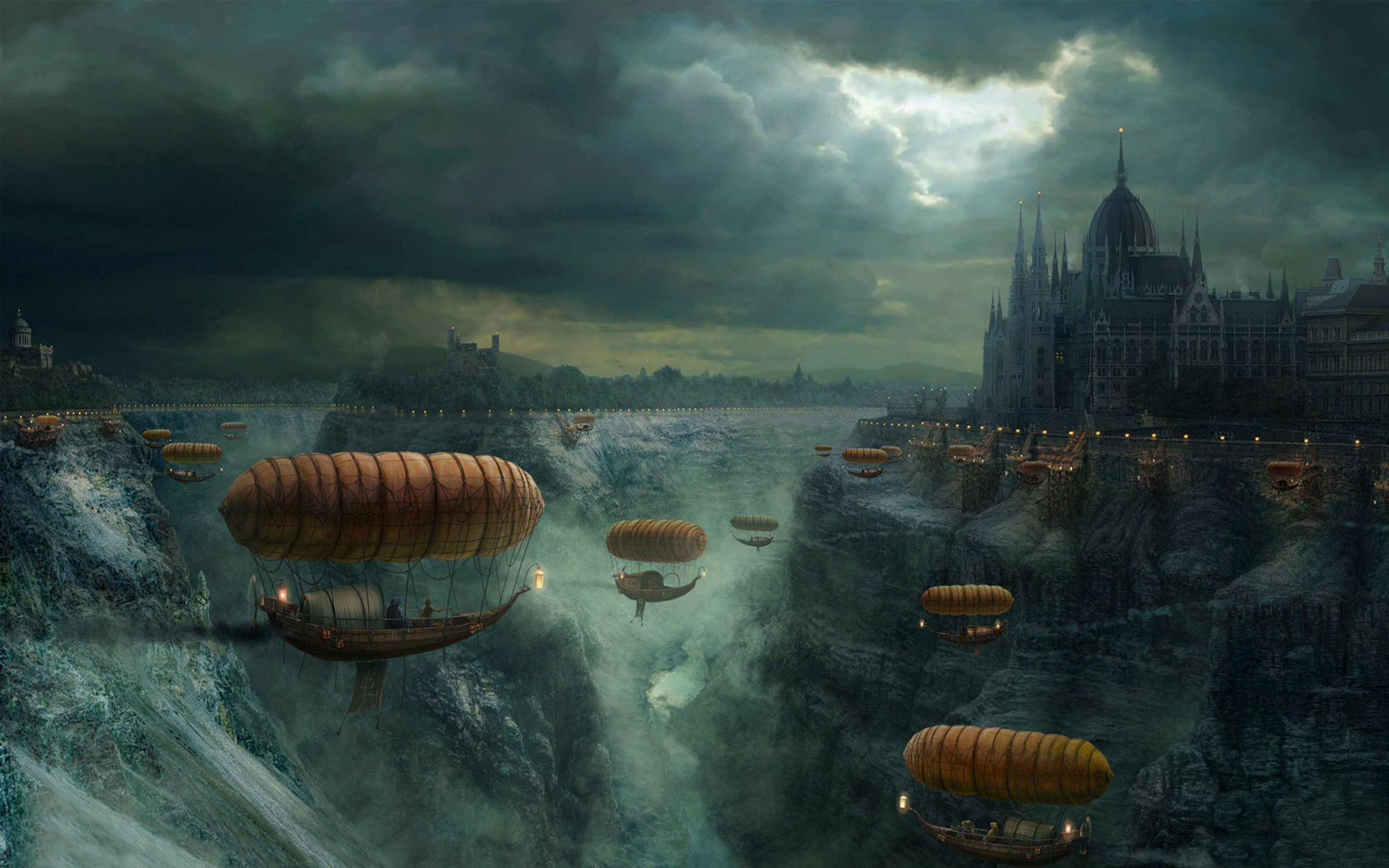 Dirigibili, Città fantastica, Cascate, Steampunk, Cielo tempestoso, Canyon, sfondo widescreen 2K