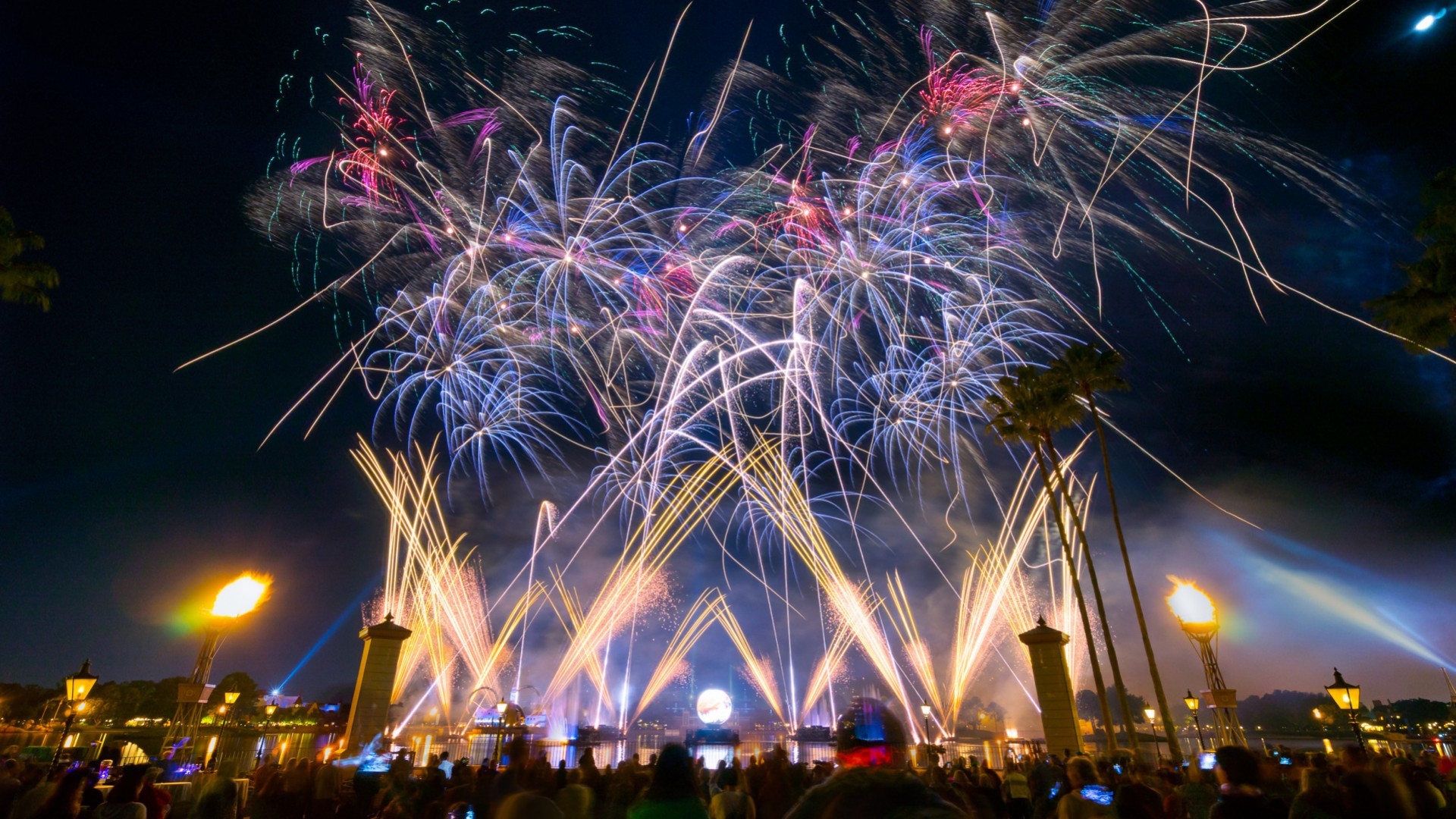 Fuochi d'artificio, Epcot, IllumiNations, Notte, Folla, Full HD, sfondo Windows 11