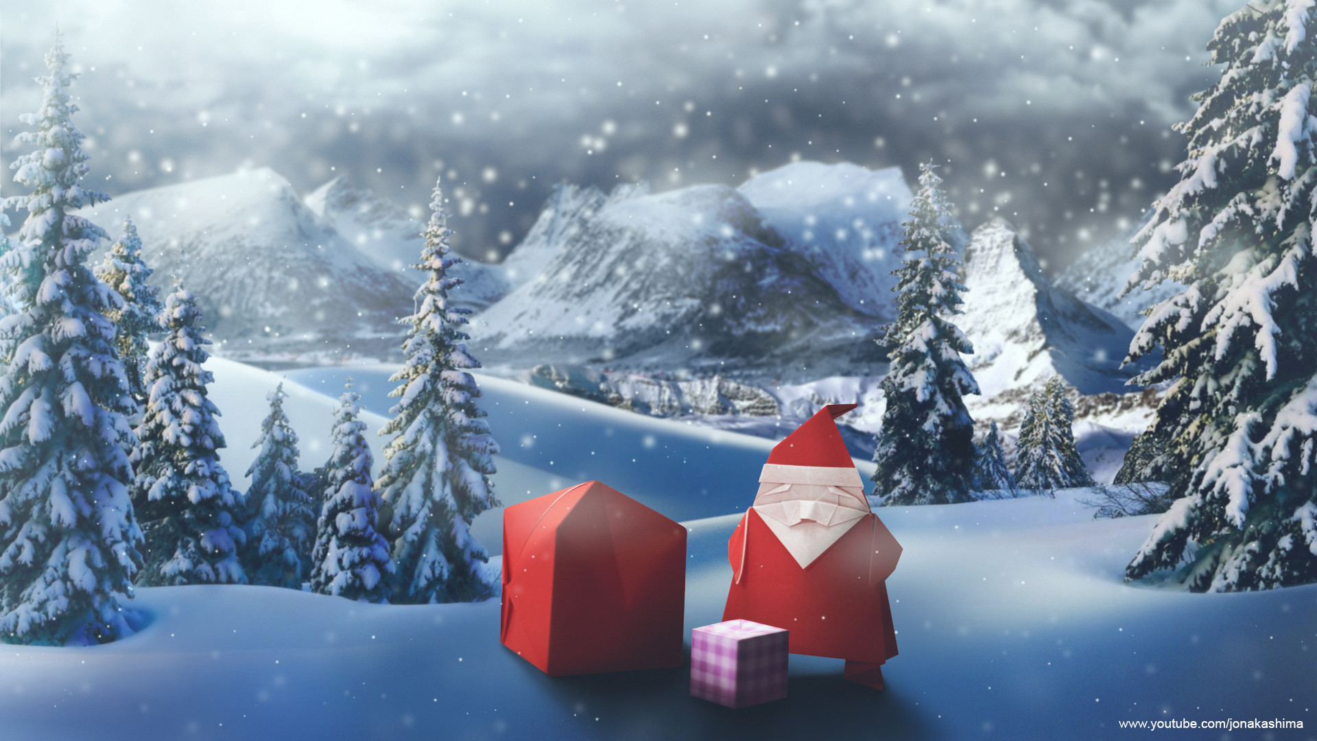 Babbo Natale, Origami, Paesaggio innevato, Montagne, 16:9 Full HD, sfondo widescreen
