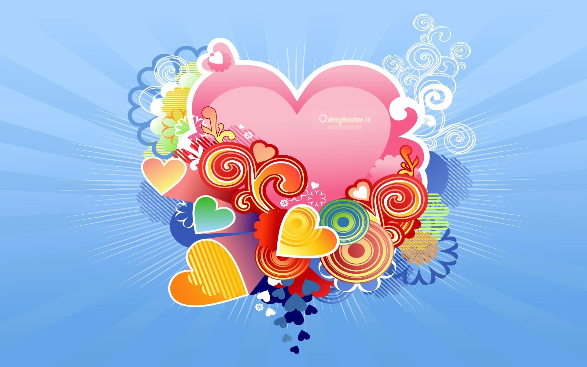 Cuori, Vettoriale, Rosa, Sfondo azzurro, Full HD, wallpaper per PC