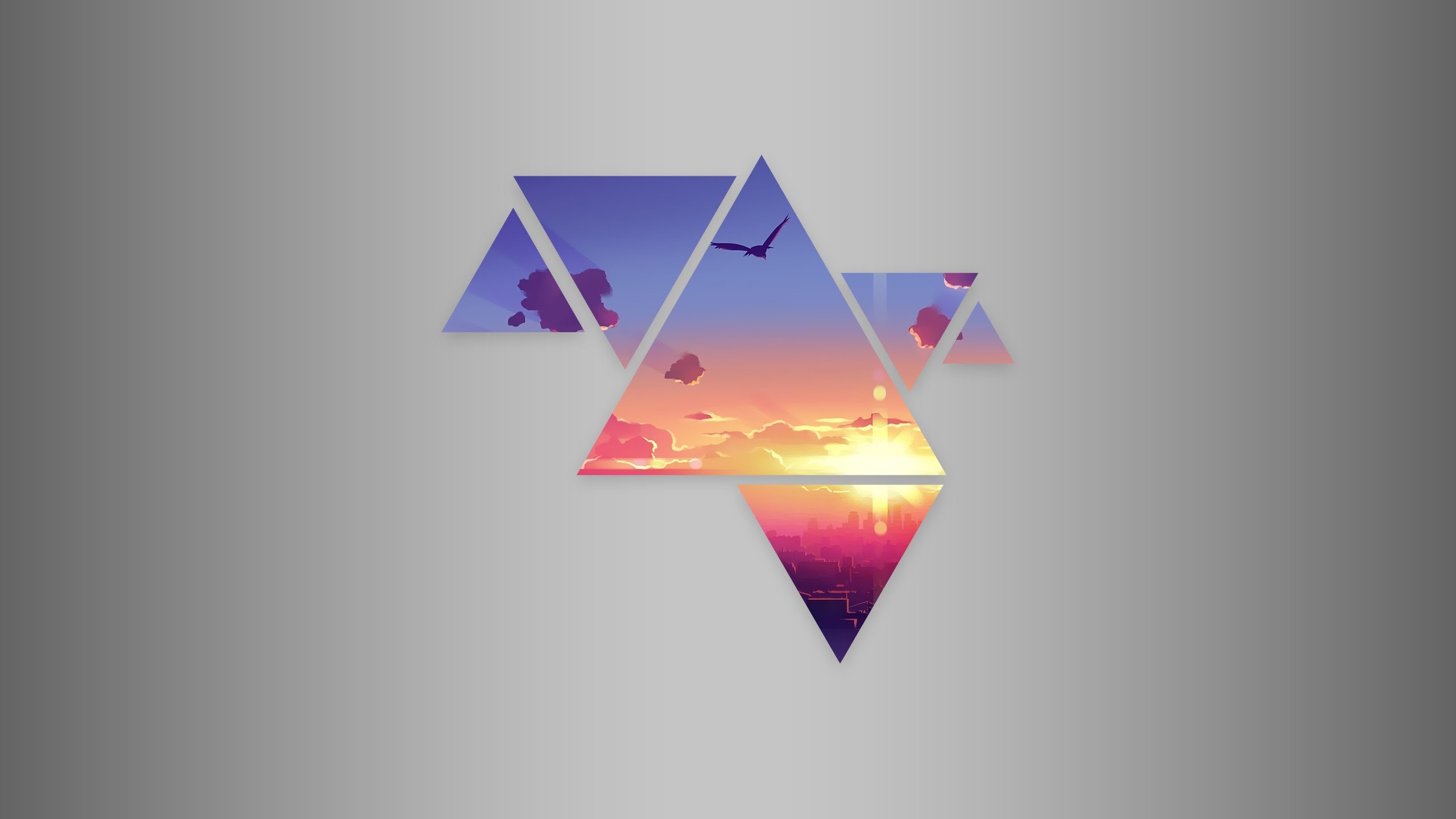 Triangoli, Paesaggio, Tramonto, Sfondo grigio, 2K, wallpaper per PC