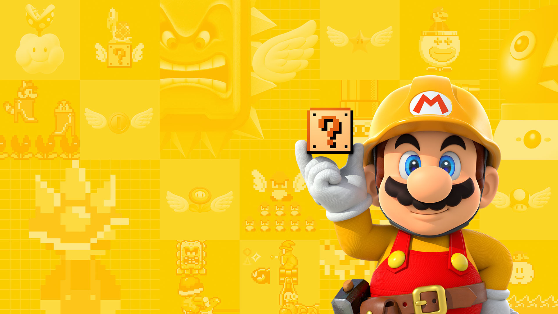 Super Mario Maker, Mario, Blocco ?, Sfondo giallo, Full HD, wallpaper per PC