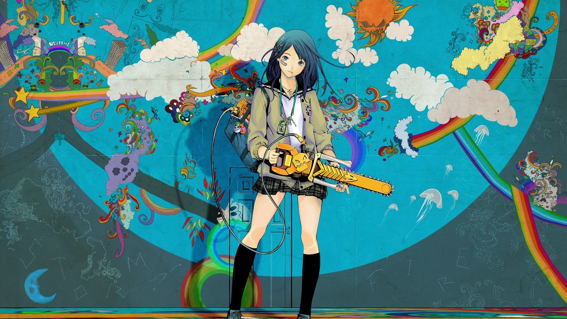 Ragazza anime, Motosega, Arcobaleno, Arte psichedelica, Full HD 1080p, sfondo desktop