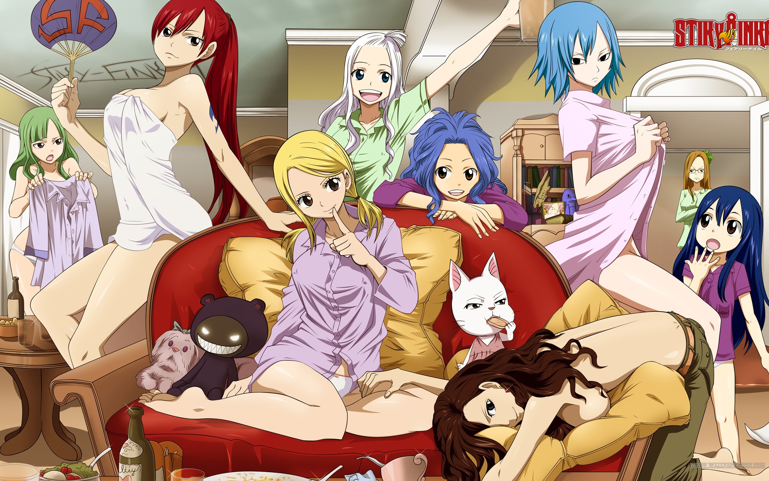 Fairy Tail, Erza Scarlet, Lucy Heartfilia, Mirajane Strauss, Pigiama party, sfondo 2K per portatile