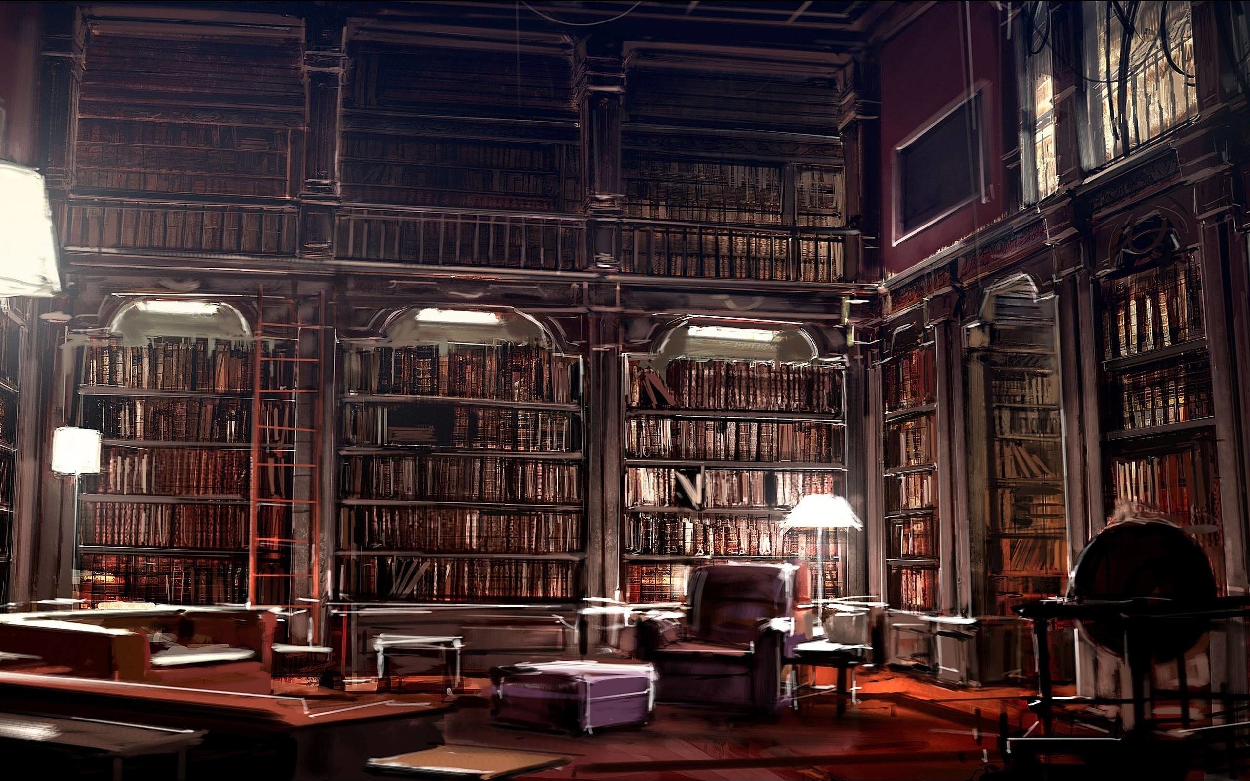 Biblioteca, Sala di lettura, Scaffali, Poltrone, 2K, wallpaper per portatile